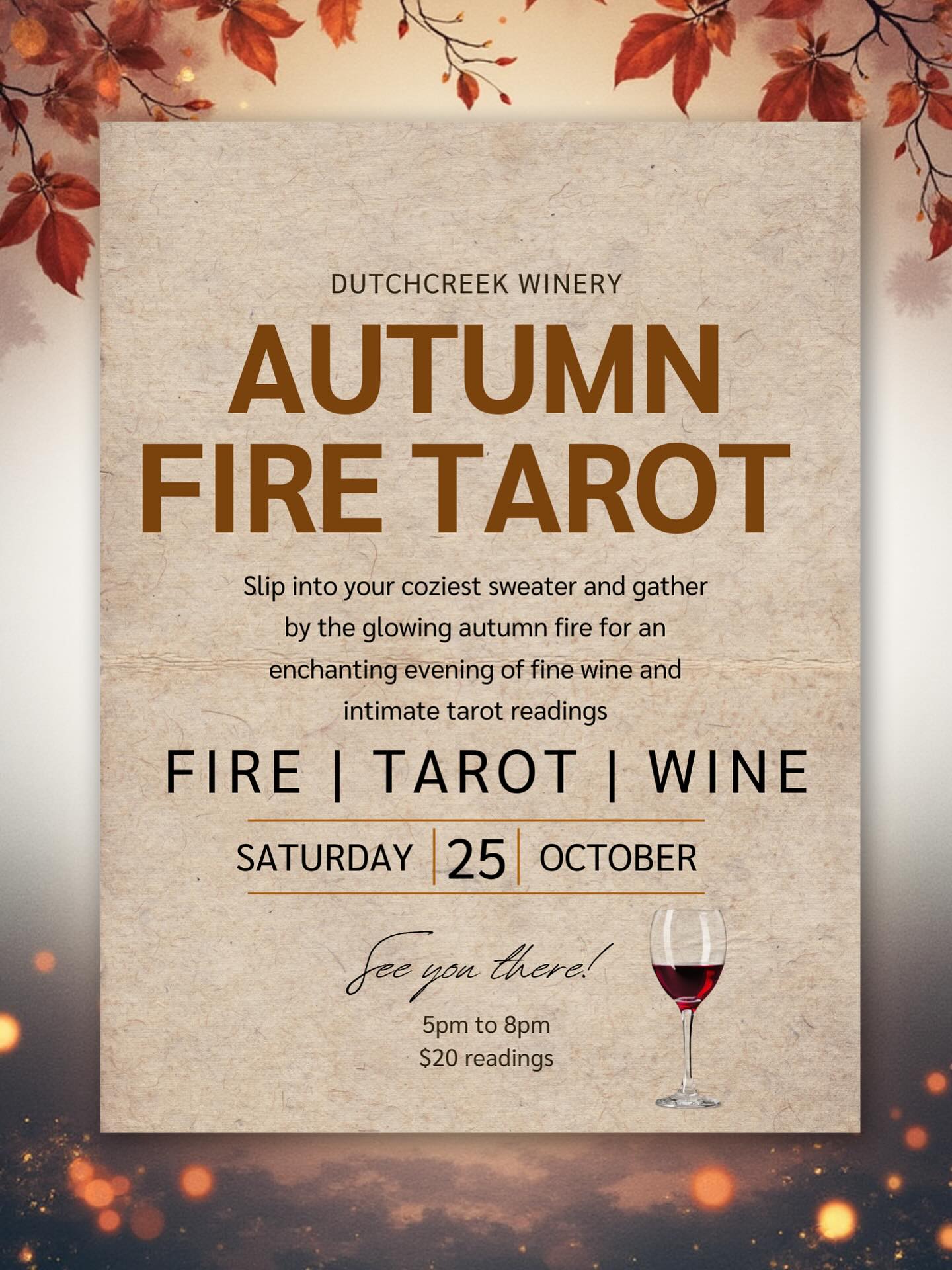 Come spend an Autumn evening with us. Tarot readings by the fire with Caiti Kovacs, Saturday evening, 5-8pm on Oct 25.