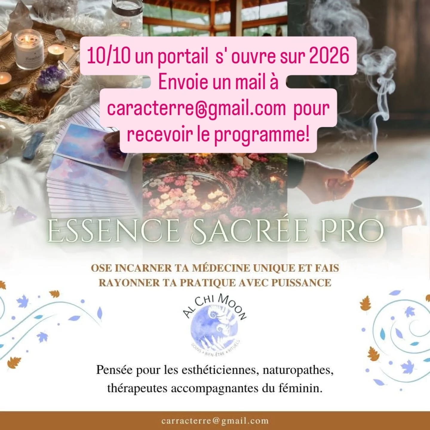 Le programme comprend 1 an d' accompagnement soli-lunaire
(Avec 1 zoom ou 2 par mois).
Des outils de connaissance de soi comme ton empreinte énergétique,
Les 13 clés du féminin sacré,
Les 13 mères originelles,
La roue des saisons celtes,
Les coffrets Alchimoon,
Des supports pdf,
Les modules Alchimoon dans teachizy,
La retraite Essence Sacrée Pro (du 27 au 31 janvier région de Namur) avec cérémonie cacao, cercle de PL et imbolc en live et les stage facilitatrice de cercles...
J' y mets tout mon Amour et mes années d' expériences, d' accompagnante du féminin et de gardienne de la lune et des passages.✨🍀❤️
Si toi aussi, tu es à un tournant dans ta vie pro et que tu ressens l' appel à y amener plus de sens de transmission et de création d' espaces de transformations profondes pour tes clientes, demande le programme et le replay de la Masterclass " Réveille ton Essence Sacrée" 💜
Par mail: caracterre@gmail.com 🥰