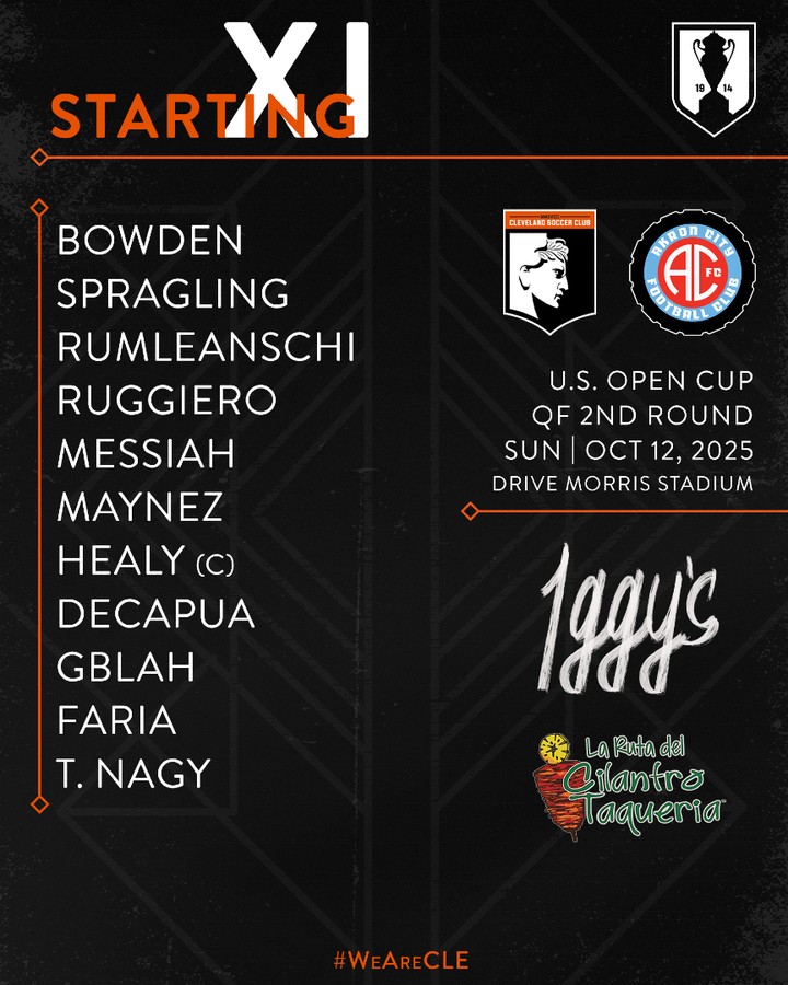 Today's Starting XI
The boys are locked in and ready for the Cup fight!
Cleveland SC vs Akron City FC – U.S. Open Cup Qualifier
🎥 Watch it live: youtube.com/watch?v=q8EWCgi5_Zs
Let’s handle business, Cleveland. 🧡💪
#WeAreCLE #USOpenCup