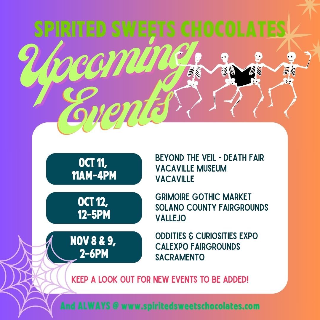 This Weekend! Two GREAT shows!
Saturday, Oct 11, 11am-4pm, @thevacavillemuseum presents "Beyond the Veil - A Death Positivity Fair" in their courtyard.
Sunday, October 12, 12-5pm, @grimoireacademy returns to the @scfairgrounds for their Gothic Market!
And check out my menu for this weekend (last slide!) - fall is here!! There will be more themed goodies as well!
#chocolate
#boozychocolate
#spookychocolate
#boozeinfusedbonbons
#rum
#finechocolatemadefun
#fairtradechocolate
#handmadechocolate
#twicethevice
#givegreatchocolate
#vintagemolds
#edibleart
#tiki
#horror
#popculture
#womenownedbusinesses
#indiemaker
#eatyourheartout
#darkchocolateart
#horrorchocolates
#gothtikichocolate