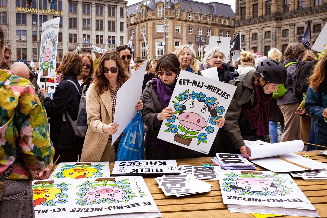 Kunst = actie! Afgelopen zaterdag waren we aanwezig bij de #dierendagdemo georganiseerd door o.a. @wakker_dier 🐷 Vanuit @stichtingsymbio vroegen we drie geëngageerde kunstenaars het geluid van de dag te versterken. En of ze dat deden! Er werden honderden borden gemaakt van karton met @mark_schalken en ook de eet-me-nietjes van @pinopotato vonden gretig aftrek. Tijdens demo liep @barteysinksmeets mee met z’n BOE-optocht waarmee hij koeien die dag ook een stem gaf. Wat een dag en wat een fijne samenwerking! Op naar een #dierwaardige veehouderij 🐷 🐄 🐓 foto’s @nichonglerum 🙏🏼