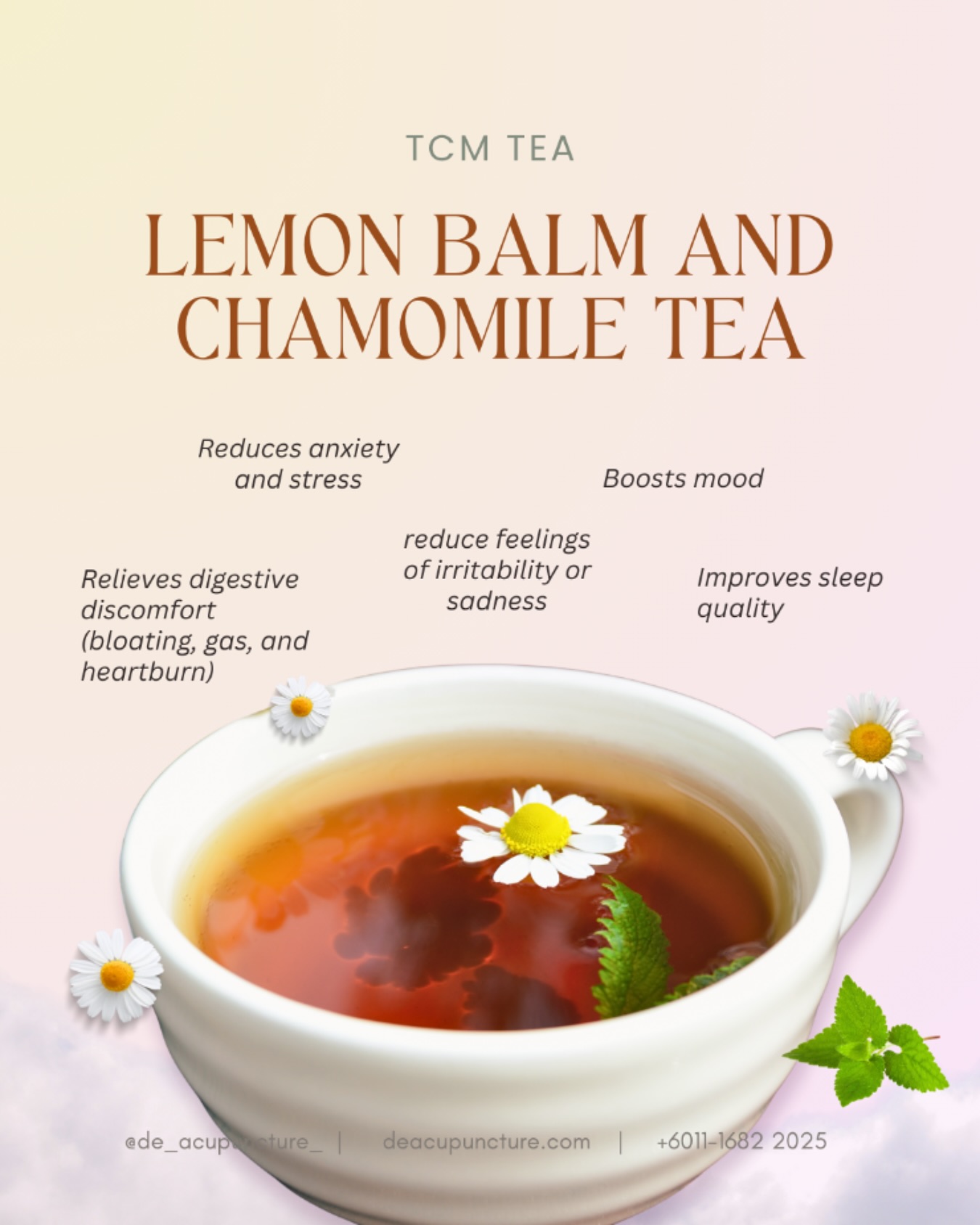 Looking for a soothing and relaxing drink🍵?
Lemon balm and chamomile tea is the perfect choice.
Why is this tea so special?
🍋 Lemon Balm:
This herb is known for its calming properties. It can help reduce anxiety, improve mood, and promote better sleep.
🌼 Chamomile:
This gentle herb has been used for centuries to soothe the nerves and promote relaxation.
How to Make:
1️⃣ Boil the water:
Bring a pot of water to a boil.
2️⃣ Add herbs:
Place a few dried lemon balm leaves and chamomile flowers in a mug.
3️⃣ Steep:
Pour the hot water over the herbs and let it steep for 5-10 minutes.
4️⃣ Strain and enjoy:
Strain the tea and enjoy it hot or cold.
🌟Tip: For an extra boost of flavor, add a slice of lemon or a teaspoon of honey.
So, the next time you need a moment of peace, sip on this calming and delicious tea 😉.
_
#traditionalchinesemedicine #中医 #tcm #wellness #health #mindfulness #selfcare #malaysia #KL #PJ #de_acupuncture_ #医心医意中医坊
#DeAcupuncturexHerbsCentre
//
👩🏻⚕️医心医意中医坊
De Acupuncture x Herbs Centre
🇲🇾Certified TCM Practitioners
📣Appointment only, no walk-ins
📍Subang Jaya USJ 1 诊所
🈺Tue-Sat 9am-6pm
☎️WhatsApp 011-1682-2025
🌐deacupuncture.com