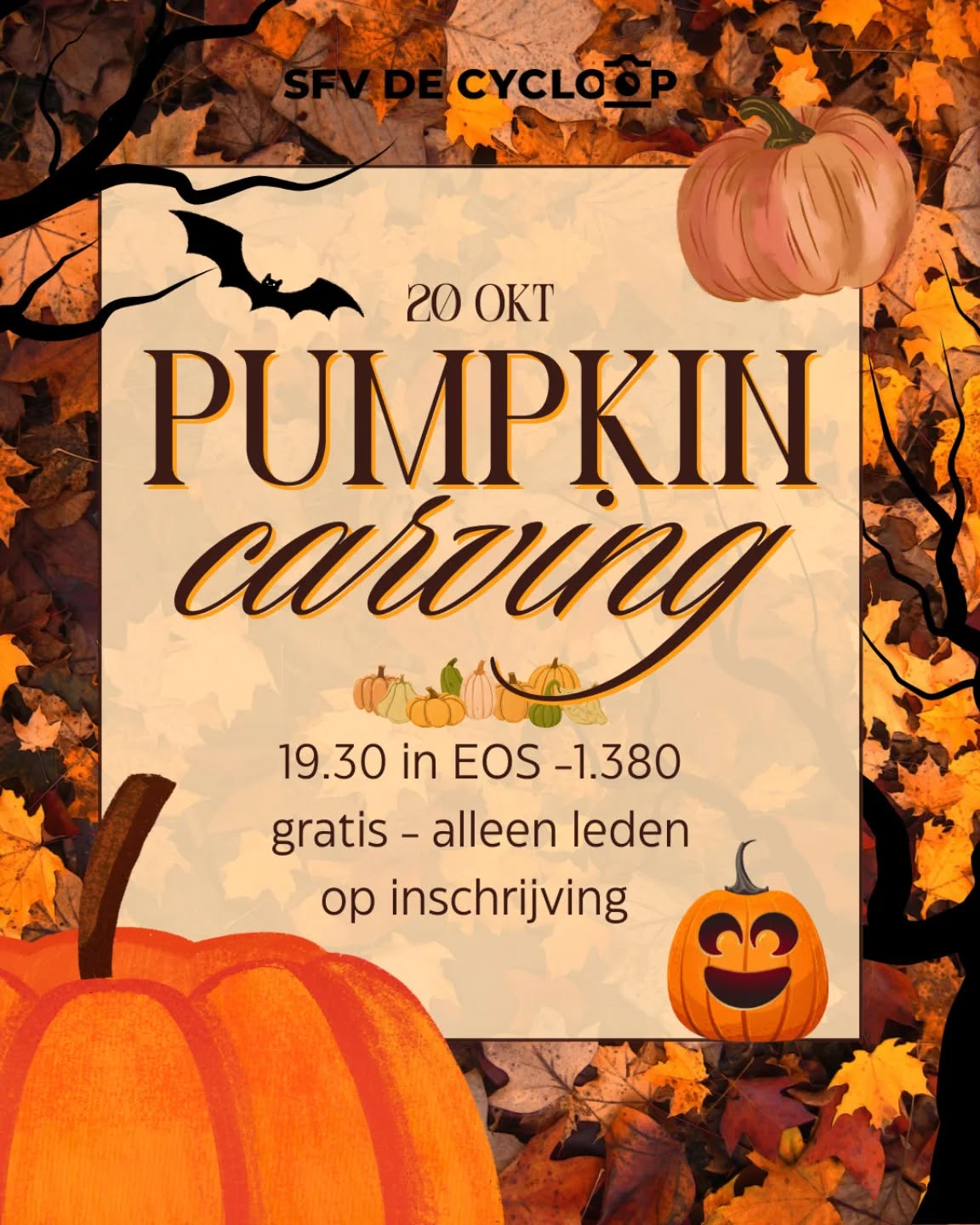 Omarm de herfstsfeer met pompoen snijden! 🎃
20 oktober in -1.380 in EOS gebouw
Deze gezellige activiteit is alleen voor leden, die zich hebben ingeschreven via de link:
https://forms.gle/9vzDQdoDBs49K3Jp9
---
Embrace the autumnvibe with pumpkin carving! 🎃
20 october in -1.380 in EOS building
This fun activity is only for members, who have signed up with the link:
https://forms.gle/9vzDQdoDBs49K3Jp9