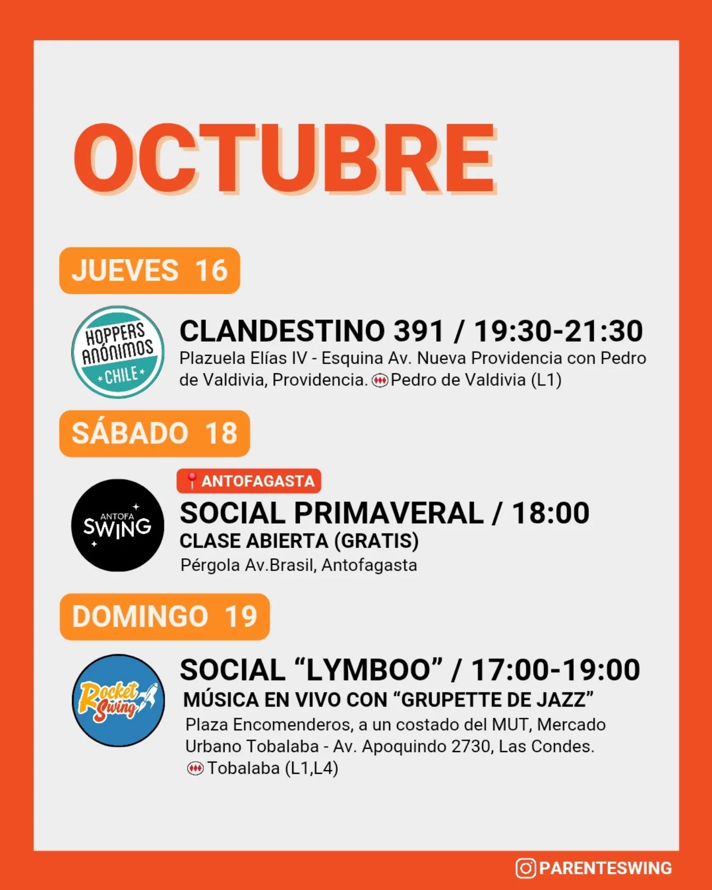 ✨Todos los eventos son gratuitos y abiertos a todo público, a menos que se indique valor de entrada 💸
‼️Cualquier modificación o nuevo evento en los comentarios👇🏻 y/o por historias 👆🏻
🤔 Qué es una Jam, Clandestino o Baile Social?
Una instancia donde fanáticos de los bailes swing (Lindy hop, Balboa, Shag, Solo jazz) se reunen a compartir, hacer comunidad y a la vez, practicar.
❌ Las actividades publicadas NO son instancias de clases para aprender a bailar, a menos que se indique “Taller” o “Clase Abierta”.
👀 Quieres aprender a bailar?
En nuestra historia destacada “CLASES” está toda la información y formularios de inscripción a los cursos del mes de las escuelas de bailes swing ✨
Nos vemos en la pista! 💃🏻🕺🏻🔥
#danzachile #lindyhopchile #swingchile #bailechile #eventoschile #danzasantiago #santiagodechile #panoramasgratis #swingdancechile #swingdancingchile #lindyhopperschile #panoramasgratis #panoramagratis #santiago