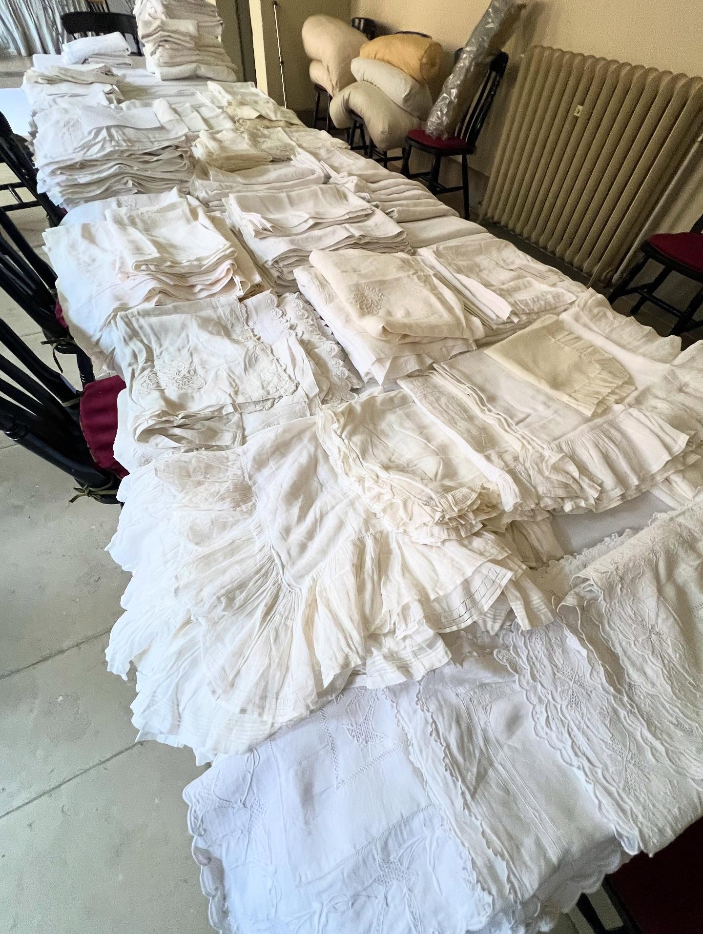 Going through all the old linen from the linen store- such exquisite workmanship and embroidery on the old sheets, pillowcases and tablecloths from Sybil Sassoons time and her mother Aline