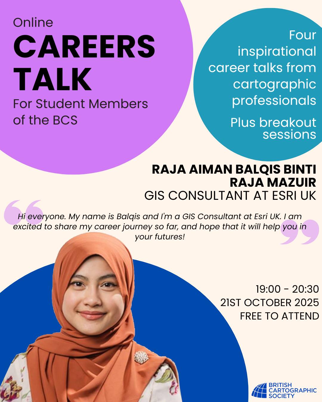 👋🏻 Hey Students! We get it, navigating career decisions in the cartographic sphere can be tricky. But we've got you...
We're hosting an online Careers Talk, FREE for our Student Members, featuring inspiring talks from four cartographic professionals (including the fabulous Balqis!) AND with networking breakout sessions. Keep an eye out for a sign-up link in your inbox...
If you're a student who isn't yet a BCS Member, what are you waiting for... you can join for free: see our link in bio 🤩