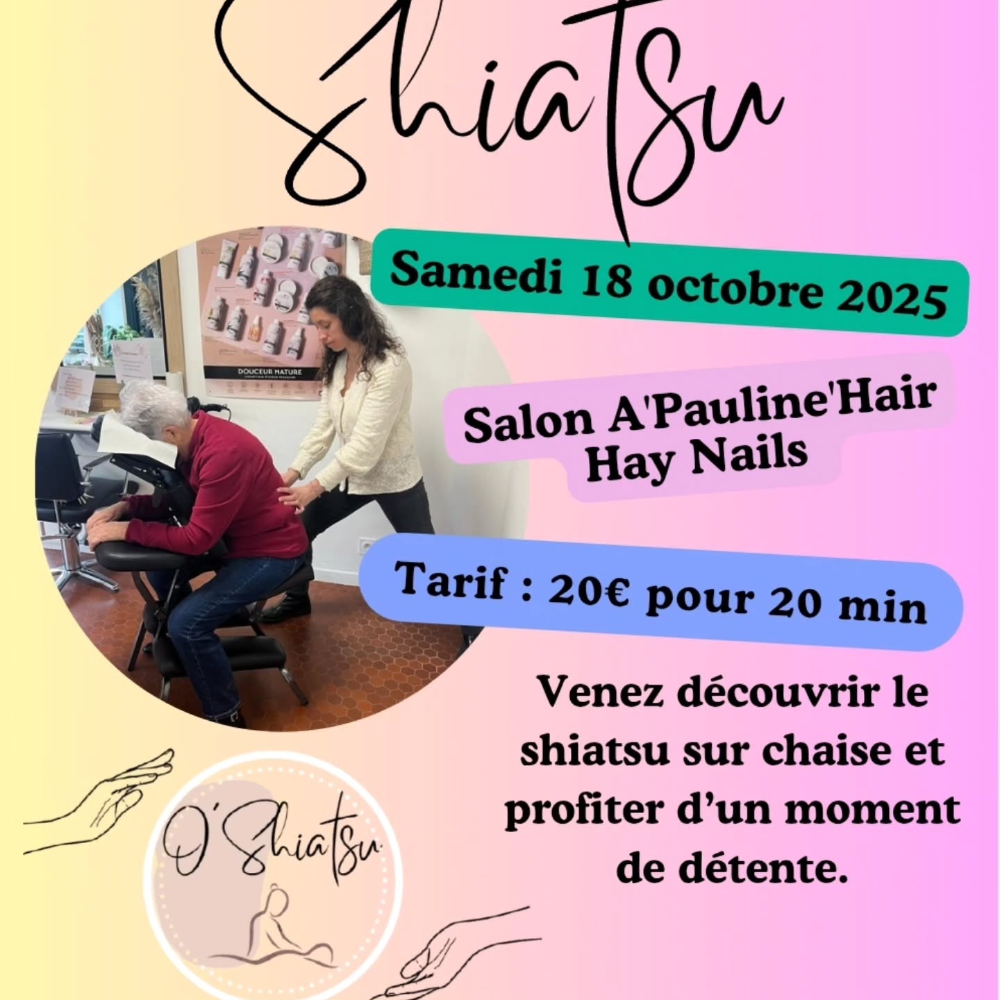 🍁 Et si vous vous offriez 20 minutes rien que pour VOUS ? 🍁
Imaginez… Vous êtes confortablement installé(e), on relâche vos épaules, votre dos, votre nuque… Les tensions s’envolent, le stress disparaît, et vous ressortez reboosté(e) ✨
👉 C’est exactement ce que je vous propose avec le shiatsu sur chaise, directement dans votre salon de coiffure préféré.
⚡ Attention : les places sont limitées et partent vite.
Ne ratez pas cette occasion de vous offrir un vrai moment de détente au milieu de votre journée !
📅 Réservez dès maintenant votre créneau 👉 en MP ou à l’accueil du salon.
💆 Offrez à votre corps le cadeau qu’il mérite… vous allez adorer !
O'Shiatsu Orianne Tricot
06 89 64 59 56