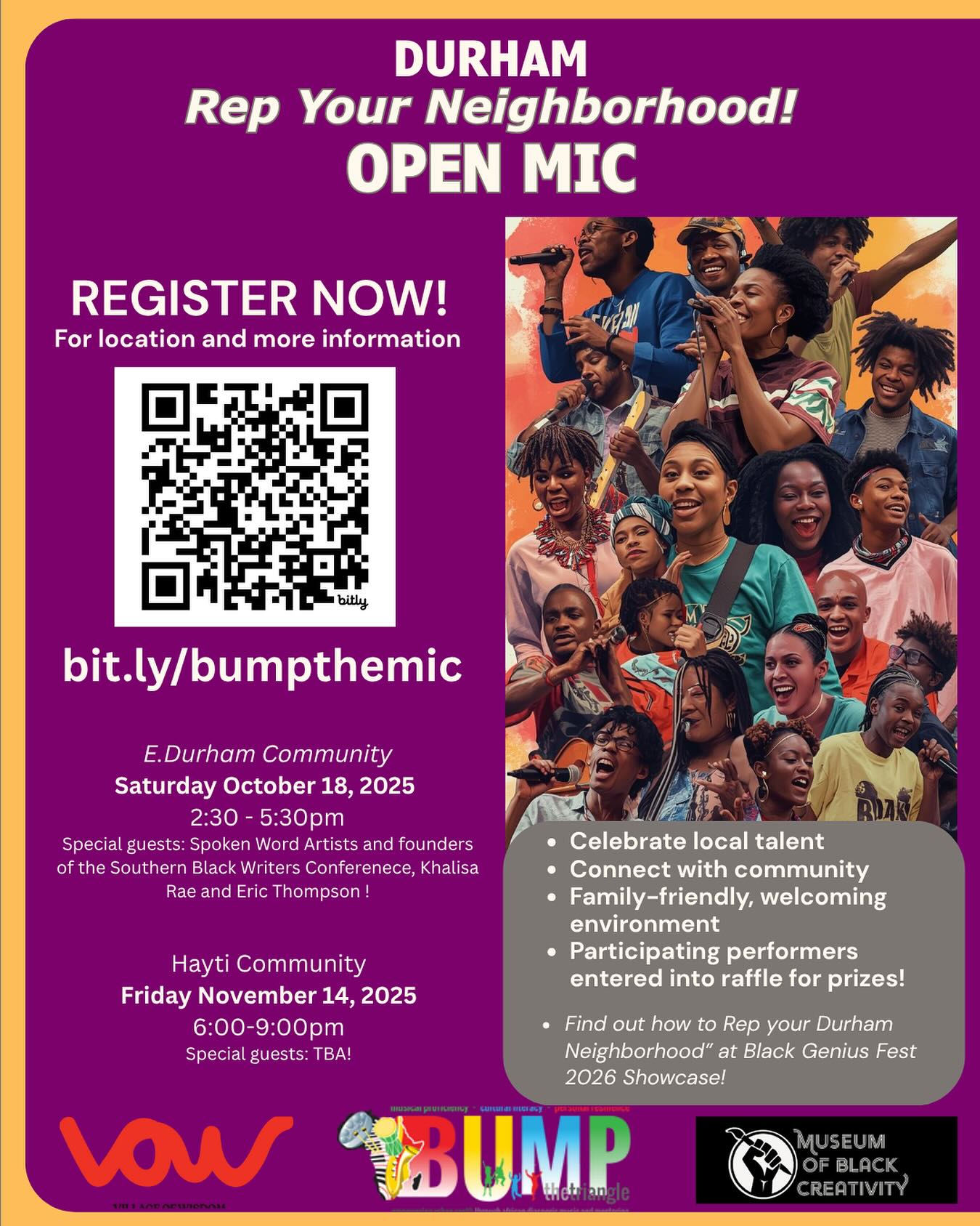 Durham, NC and surrounding areas! Bring your music, poetry, dance, comedy or spoken word. This stage is for you! All ages are welcome. Free and open to the public. Register now at bit.ly/bumpthemic for more information and locations.