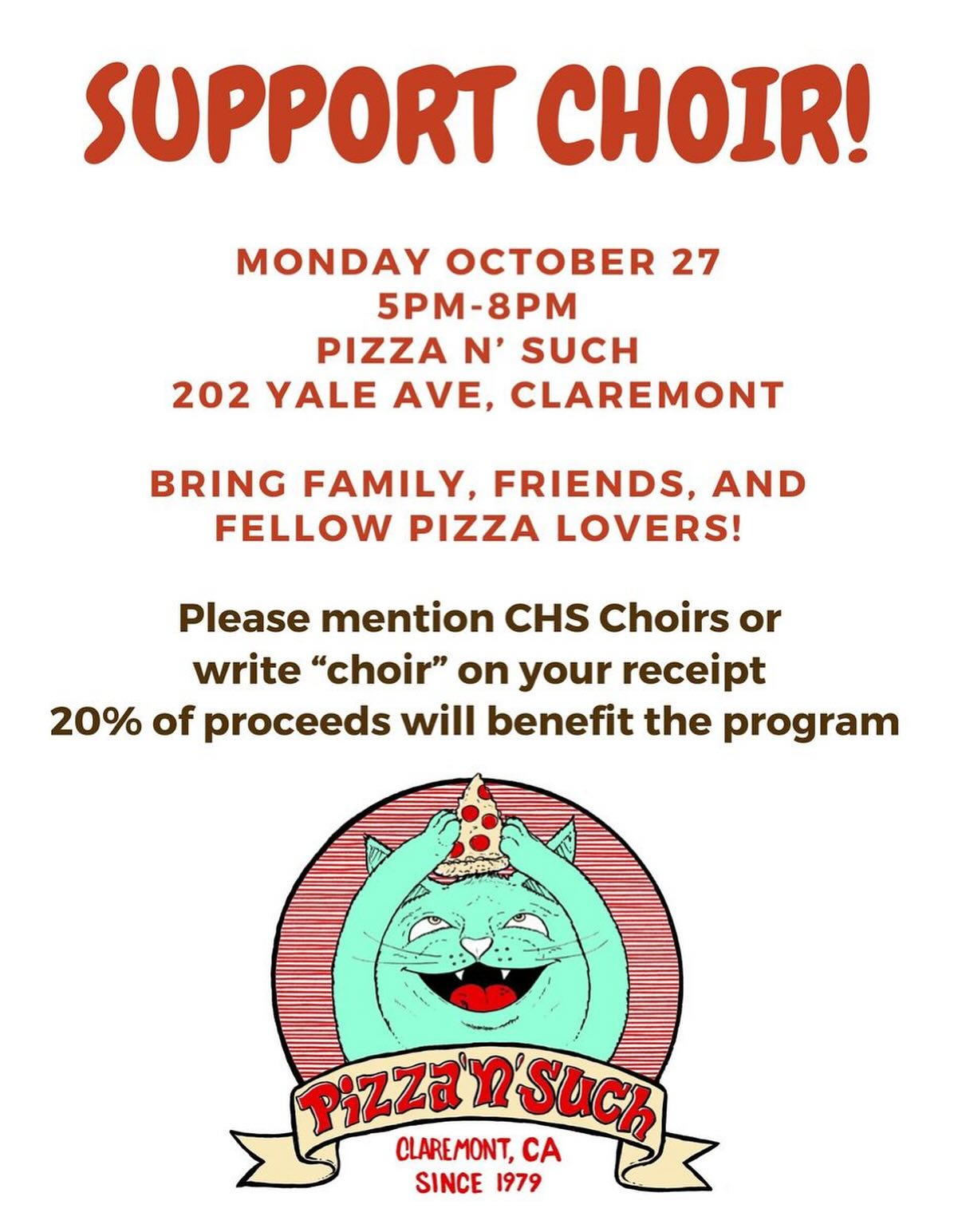 come support us at pizza n such on october 27th, from 5-8pm!! 🍕🎵