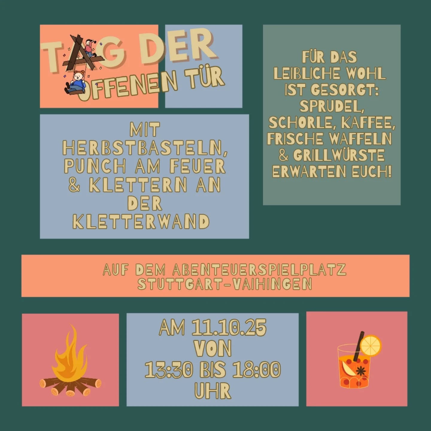 Morgen öffnet der Abenteuerspielplatz wieder seine Tore! 🏕️
Freut euch auf Herbstbasteln, Kletterspaß an der Kletterwand und warmen Punch am Lagerfeuer 🔥
Für euer leibliches Wohl ist natürlich gesorgt – alles wie gewohnt gegen Spende.
Kommt vorbei, bringt Freunde mit & genießt den Herbst mit uns! 🍂
#abenteuerspielplatz #stuttgart #vaihingen #tagderoffenentür
