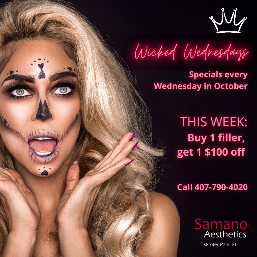 Wicked Wednesday is back! Your source for new specials every Wednesday in October 💋
This week: Buy 1 filler, get 1 $100 off 💉
Call us at 407-790-4020 to book your appointment today!
#SamanoAesthetics #WinterParkFL #AntiAging #Injectables #Juvederm #Radiesse #Sculptra #Versa #Voluma #SpecialOffer #BookNow