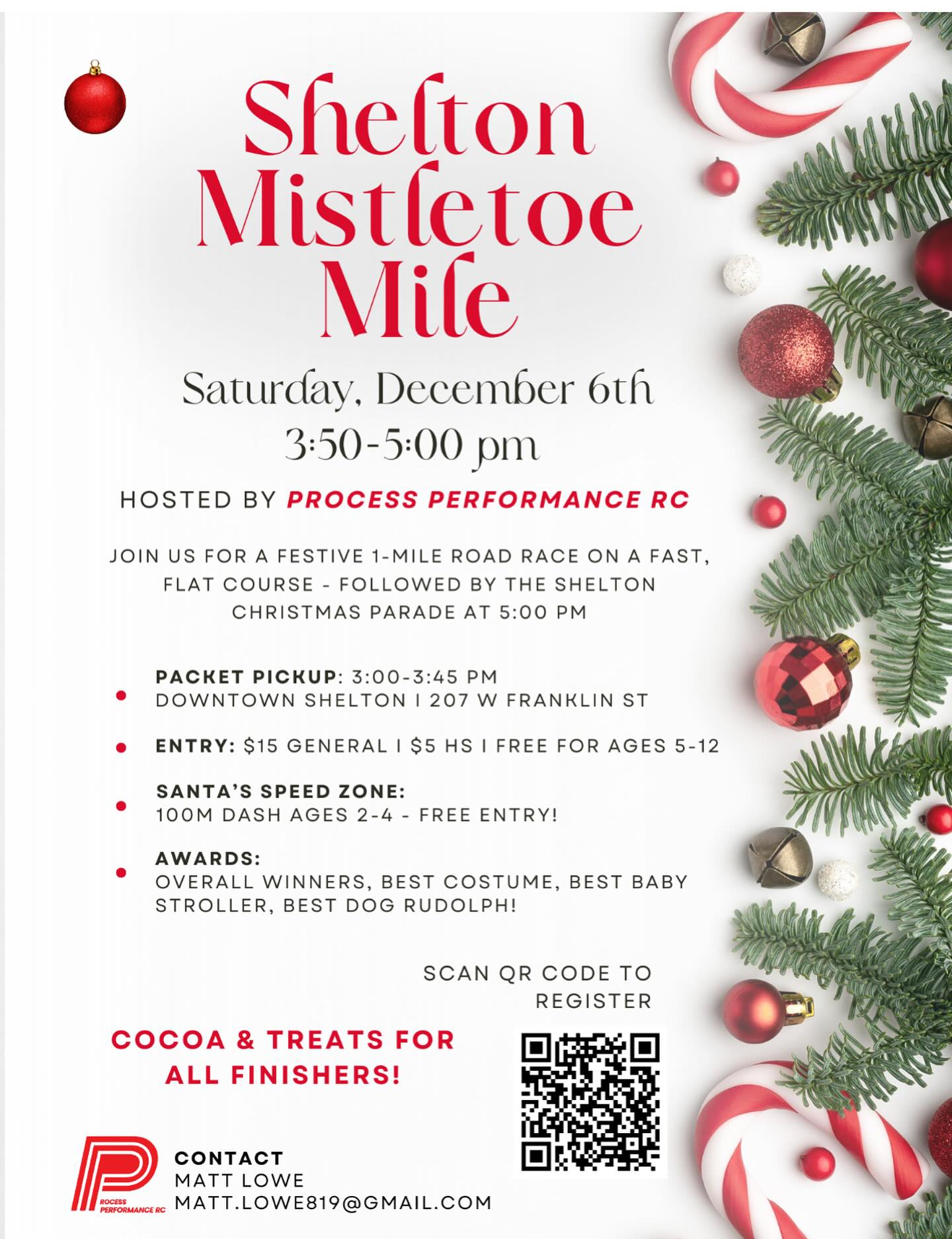 Excited to bring this holiday tradition back to Shelton! A fast, festive, 1 mile road race through Downtown Shelton followed by the Christmas Parade 🎅
Hosted by Process Performance RC - all ages and abilities welcome!
Follow our Strava club page for updates on the run. https://strava.app.link/tTvBsGJzoXb
Can’t make it to Shelton? Sign up virtually for a chance to win awards and be showcased on our Finisher’s Wall on PPRC Running website!
Register + learn more here:
https://runsignup.com/Race/WA/Shelton/SheltonMistletoeMile