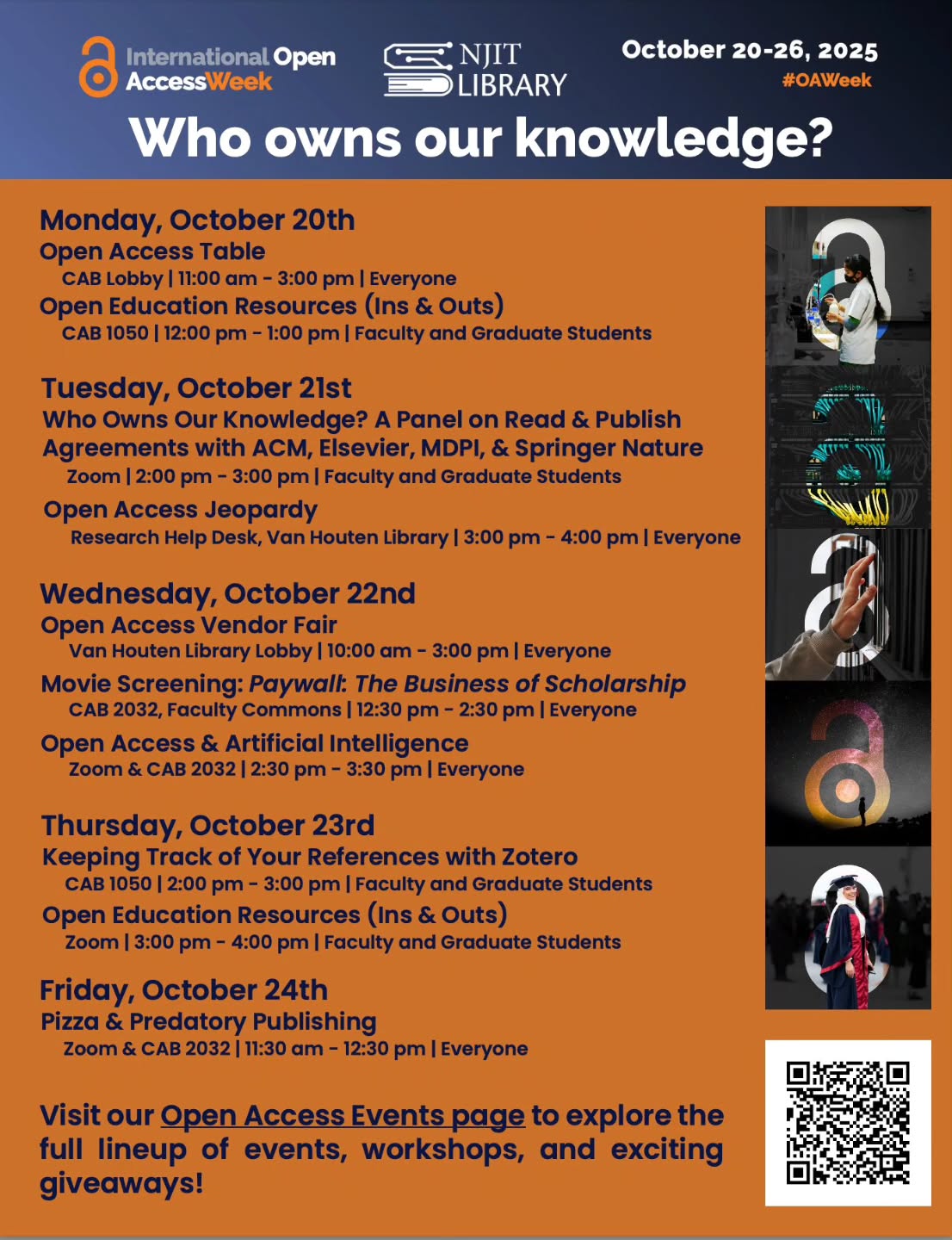 🎉 Join us for International Open Access Week (Oct 20–26, 2025) — hosted by NJIT Library!
This year’s theme: “Who owns our knowledge?” 📚✨
Explore exciting events, panels, and workshops all week long — from open education resources to AI, research publishing, Zotero, and even a “Pizza & Predatory Publishing” session 🍕📖
🔗 Check the full lineup here: https://njit.libcal.com/calendar/events?cid=19761&t=d&d=0000-00-00&cal=19761&ct=83217&inc=0
📍Location: NJIT Library & CAB
🗓️ Dates: October 20–26, 2025
👥 Open to everyone!
@njitlibrary 🤝 @njit.gsa
#OAWeek #OpenAccessWeek #NJITLibrary #NJITGSA #WhoOwnsOurKnowledge #OpenEducation #ResearchAtNJIT
