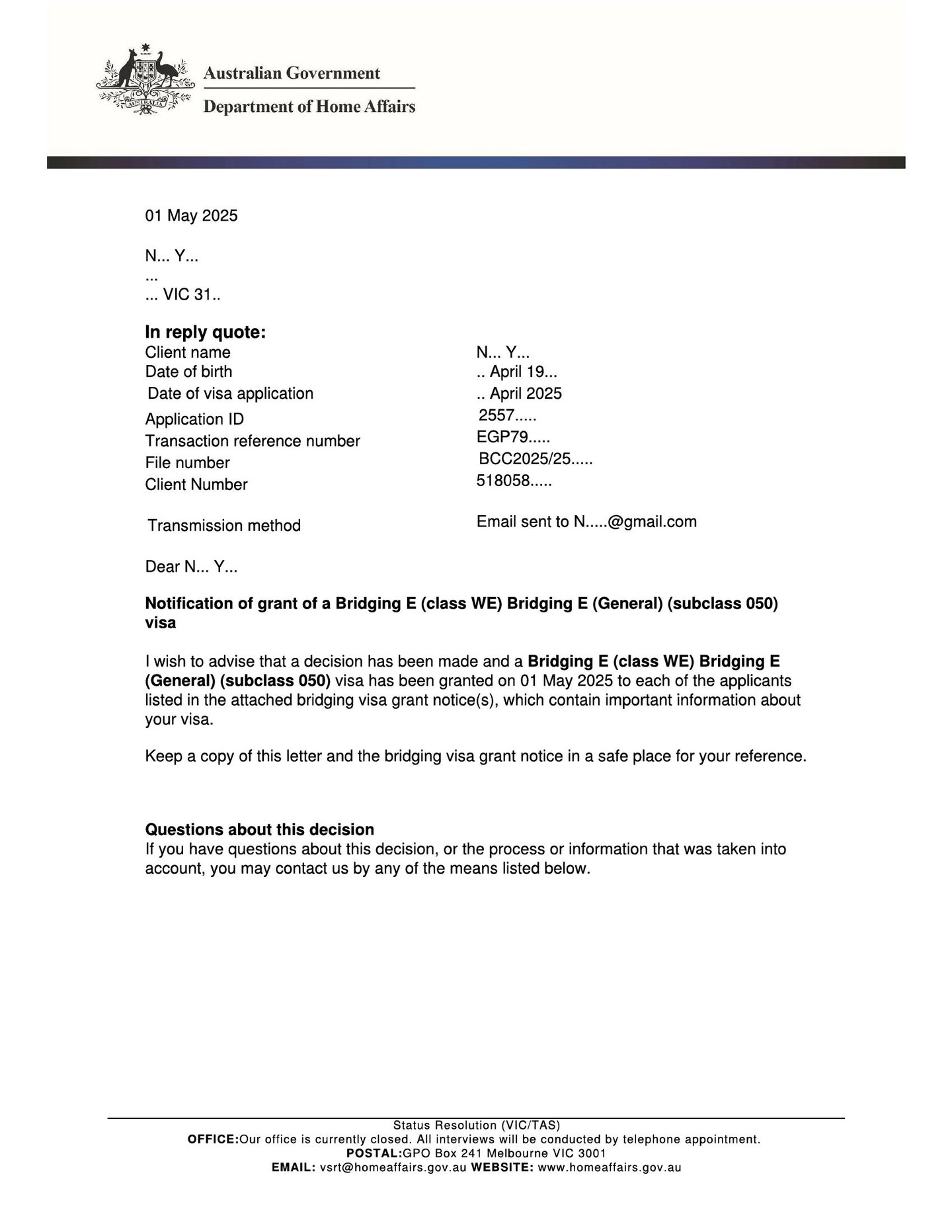 Bridging Visa E (BVE) Granted!
A Bridging Visa E (subclass 050 or 051) lets you stay lawfully in Australia after your visa has expired. It gives you time to make arrangements to depart, finalise a new visa application, or resolve your immigration matter without becoming unlawful.
If you’re in Australia without a valid visa, it’s essential to act quickly. You may be eligible for a Bridging Visa E to remain legally in the country while you sort out your next steps. Otherwise, you risk being detained and deported by law enforcement. Having a visa to stay in Australia is a legal requirement.
Ilgin Azazi Registered Migration Agent
MARN 2318123
info@visa-australia.com.au
www.visa-australia.com.au
Phone: 0416049021
#BridgingVisaE #MigrationAgent #VisaAustralia #StayLegally #AustraliaVisa #VisaHelp #MARN2318123 #ilginazazi