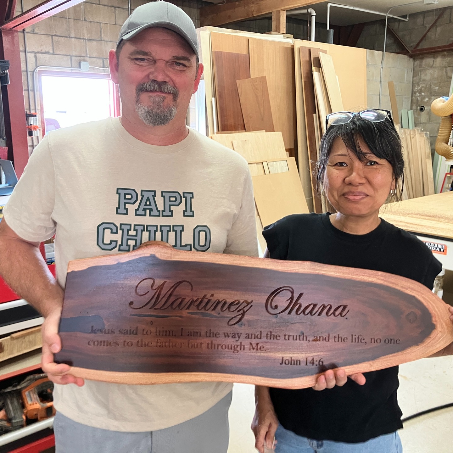 A live-edge Milo wood family name plaque custom CNC-engraved for the Martinez ‘ohana, featuring the powerful verse John 14:6 — “I am the way, the truth, and the life.”
A beautiful reminder of faith, family, and craftsmanship — all rooted in aloha.
Building relationships from our hands to yours.
#WoodworkDesignsHawaii #OhiaWood #CustomEngraving #CNCWoodwork #FamilyNamePlaque #John146 #FaithAndCraftsmanship #MadeWithAloha #Kaneohe #HawaiiWoodworking #LiveEdgeWood #FromOurHandsToYours