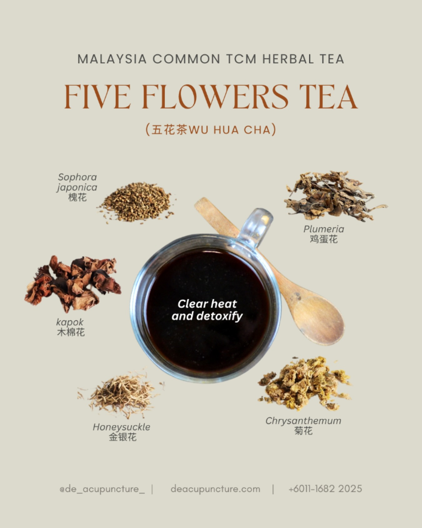 Five Flower Tea: A Sip of Serenity
Imagine a tea that’s not just a drink, but a portal to tranquility. That’s the magic of Five Flower Tea!
This vibrant blend of five beautiful flowers offers a symphony of flavors and a myriad of health benefits. It’s like a spa for your soul in every sip 💆🏻♀️.
Why you’ll love it:
✨Calming Elixir:
Soothe your nerves and reduce stress.
✨Radiant Skin:
Improve your skin’s health and glow.
✨Boosted Immunity:
Strengthen your body’s defenses.
✨Digestive Delight:
Aid digestion and alleviate bloating.
How to Brew Your Zen:
1️⃣ Gather Your Ingredients:
Collect dried chrysanthemum, honeysuckle, kapok, frangipani, and sophora flowers.
2️⃣ Boil the Water:
Bring a pot of water to a rolling boil.
3️⃣ Steep and Savor:
Add the flowers to a teapot, pour hot water, and let it steep for 5-10 minutes.
So, the next time you need a moment of peace, grab a cup of this floral elixir and let the tranquility flow 😌.
_
#traditionalchinesemedicine #中医 #tcm #wellness #health #mindfulness #selfcare #malaysia #KL #PJ #de_acupuncture_ #医心医意中医坊
#DeAcupuncturexHerbsCentre
//
👩🏻⚕️医心医意中医坊
De Acupuncture x Herbs Centre
🇲🇾Certified TCM Practitioners
📣Appointment only, no walk-ins
📍Subang Jaya USJ 1 诊所
🈺Tue-Sat 9am-6pm
☎️WhatsApp 011-1682-2025
🌐deacupuncture.com