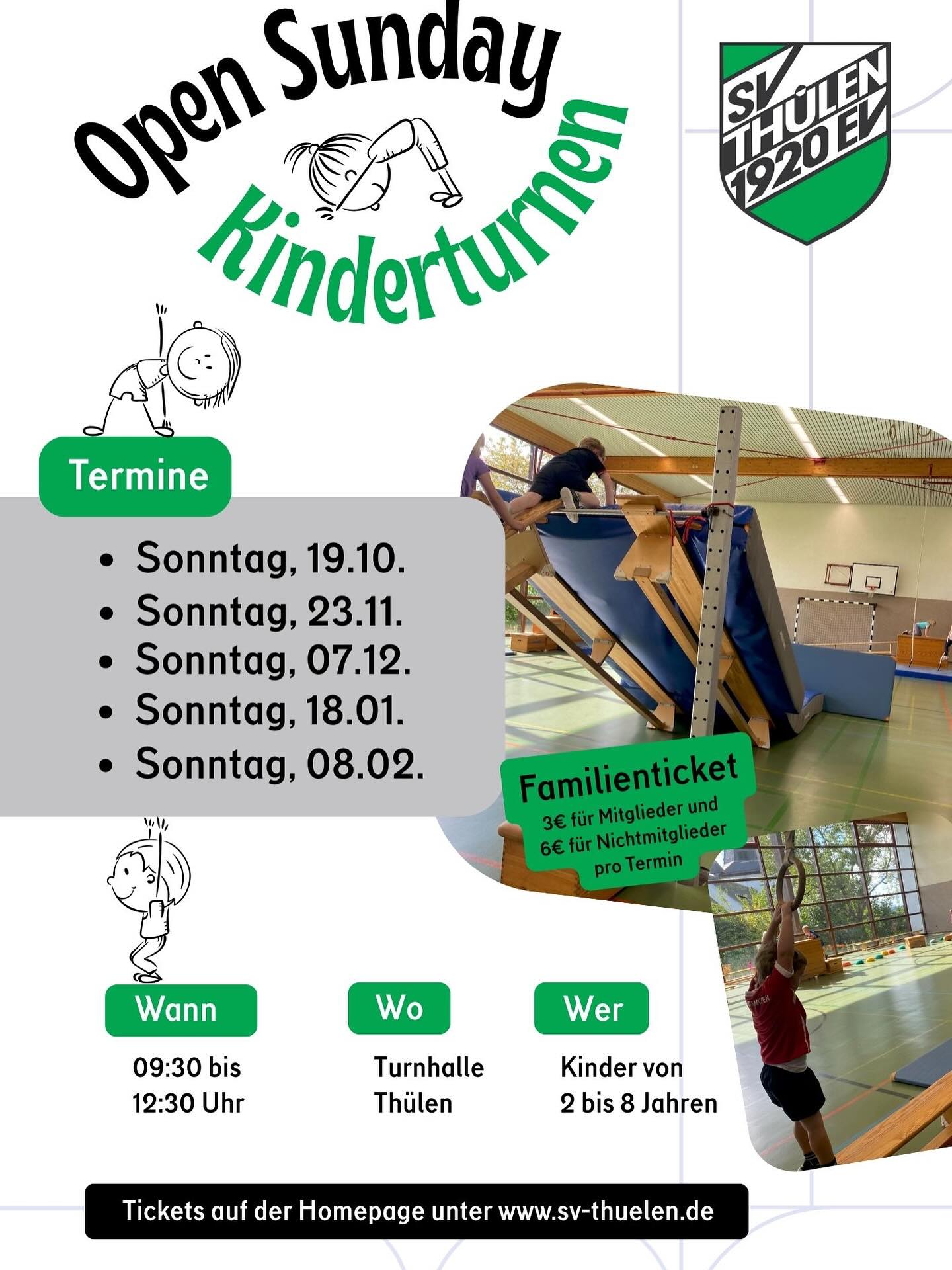 🌟 Open Sunday beim SV Thülen – diesen Sonntag ist es soweit! 🌟
Alle Kinder von 2 bis 8 Jahren in Begleitung ihrer Eltern sind herzlich eingeladen, beim OpenSunday-Kinderturnen dabei zu sein! 🤸♀️💚
Freut euch auf jede Menge Bewegung, Spaß und Abenteuer in der Turnhalle Thülen – ganz nach dem Motto: Toben, lachen, mitmachen! 🎉
🎟️ Tickets gibt’s ab sofort auf unserer Homepage!
👉 Den Link findet ihr in der Bio unseres Kanals.
💶 Teilnahmebeitrag:
👨👩👧👦 Familienticket für Mitglieder: 3 €
👨👩👧👦 Familienticket für Nicht-Mitglieder: 6 €
Wir freuen uns auf euch und auf eine tolle gemeinsame Zeit beim Kinderturnen in der Turnhalle Thülen! 💚🤍
#OpenSunday #SVThülen #Kinderturnen #BewegungMachtSpaß #Familientag #Thülen #GemeinsamAktiv