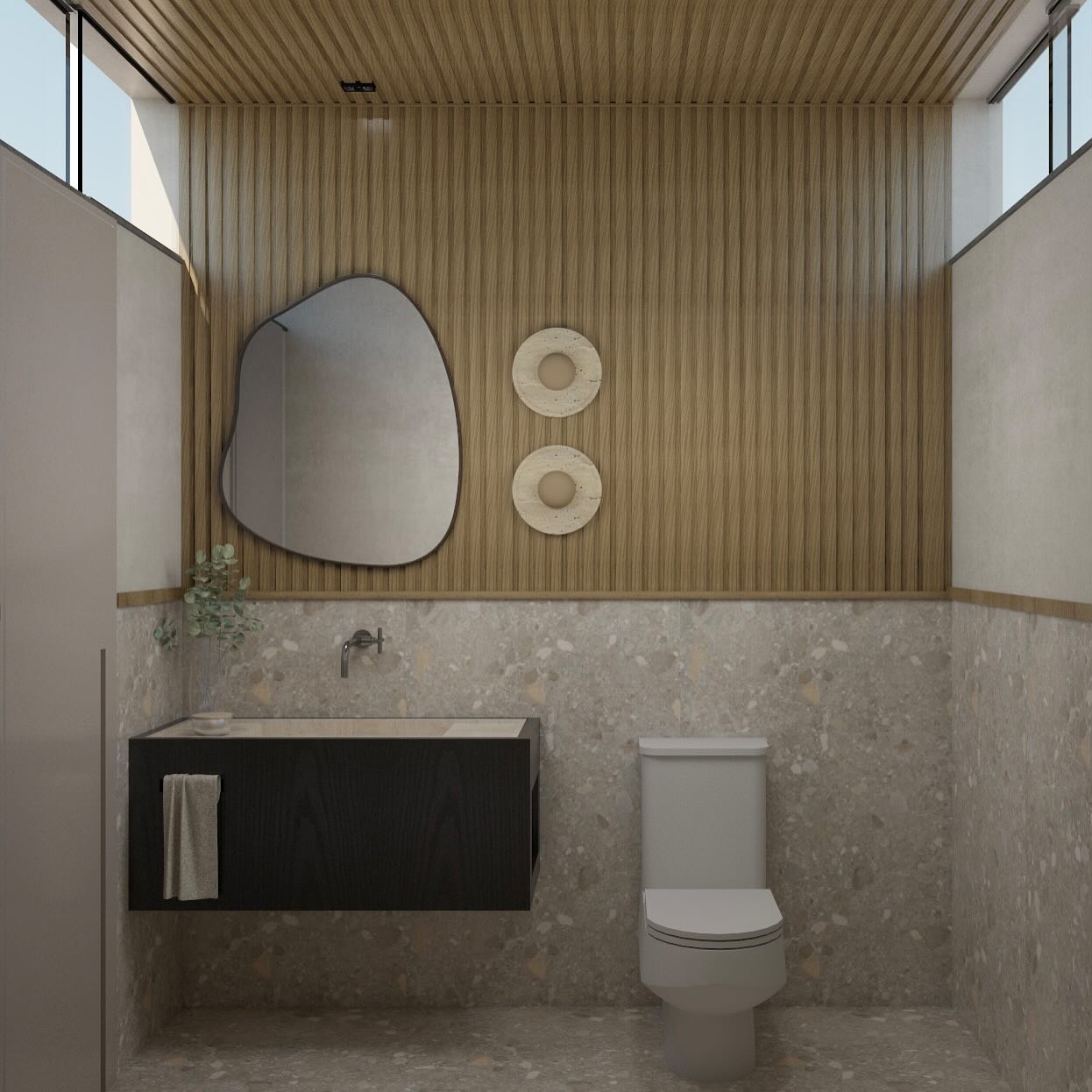 Projeto de lavabo para área gourmet: teto e parede em ripado, cuba esculpida e revestimentos em tons neutros e contemporâneos, criando um ambiente sofisticado e funcional.
#ArquiteturaDeInteriores #Lavabo #ÁreaGourmet #DesignDeInteriores #ProjetoResidencial #ArquiteturaContemporânea #CubaEsculpida #RipadoDeMadeira #Revestimentos #Decor #Inspiração #ArquiteturaBH #NatáliaBortolazArquitetura