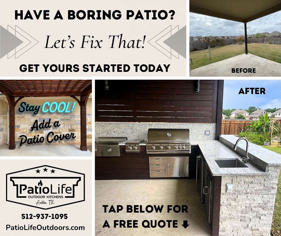 Basic patios are boring & unused. Let’s fix that!
We can customize an outdoor kitchen to perfectly fit your needs, add a patio cover to provide sun & rain protection, which will also add style and provide a place to mount a ceiling fan, lighting, and more!
Give us a call 📱 and let’s get yours started 👌🏽
