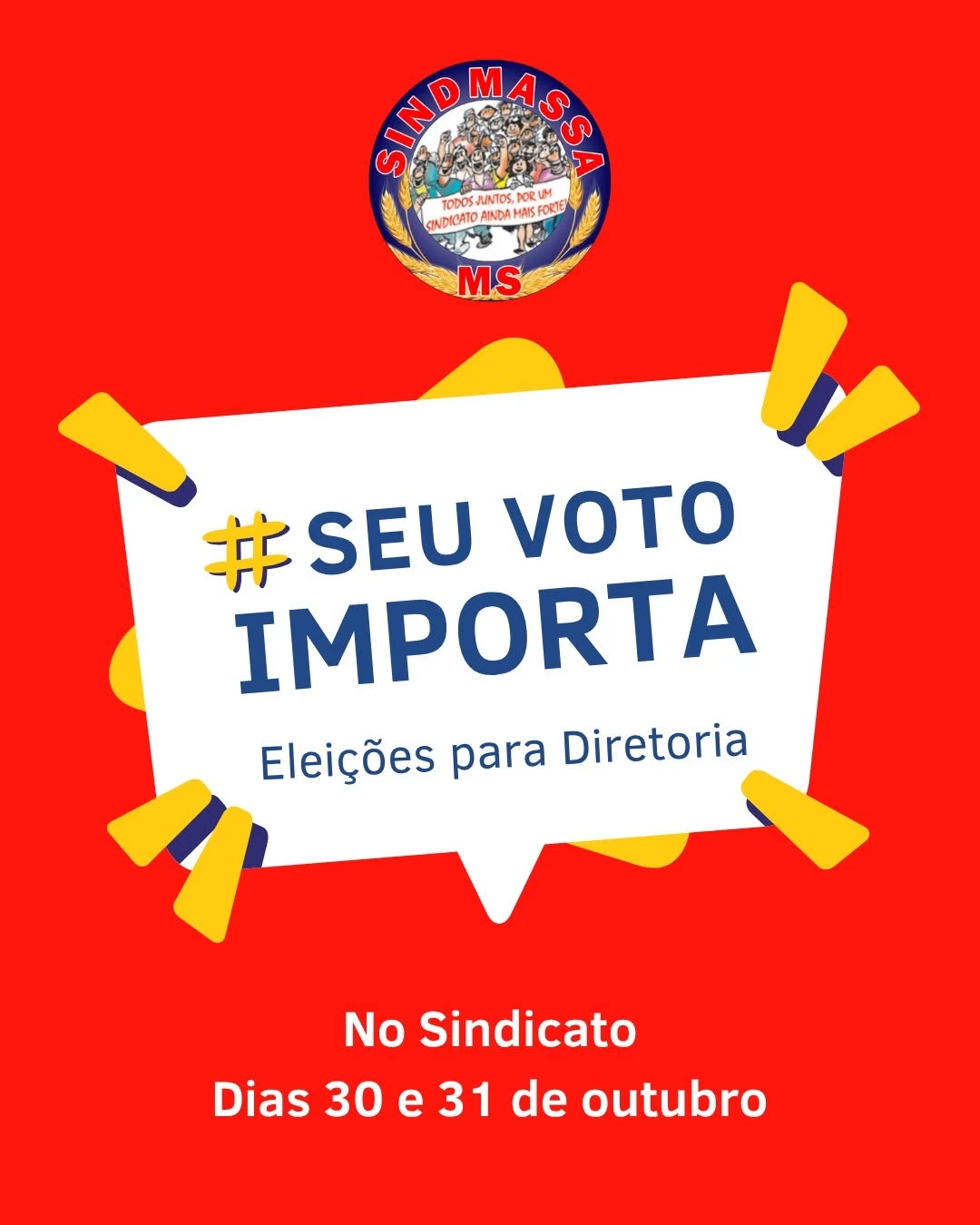 📢 SUA VOZ, NOSSA FORÇA! 📢
Atenção, trabalhador e trabalhadora do SINDMASSA MS! Chegou o momento de fortalecermos ainda mais o nosso sindicato.
A sua participação nas eleições para a Diretoria é fundamental para o futuro da nossa categoria. 💪
🗓️ MARQUE NA AGENDA: As eleições acontecerão nos dias 30 e 31 de outubro de 2025.
📍 ONDE VOTAR?
Para garantir que todos possam participar, teremos urnas fixas na sede e subsedes espalhadas pelo estado, além de urnas itinerantes que percorrerão os principais polos industriais. Vote onde for melhor para você!
✅ VOTE CHAPA 1
Nestas eleições, teremos chapa única. Apoie a Chapa 1 com o lema: “Quem luta por você, merece seu voto!”
Vamos mostrar a força da nossa união!
Compareça em massa, exerça seu direito e ajude a construir um sindicato ainda mais representativo e atuante.
Contamos com o seu voto!
#SeuVotoImporta #SINDMASSAMS #EleiçõesSindicais #Chapa1 #TrabalhadoresUnidos #SindicatoForte #MatoGrossoDoSul