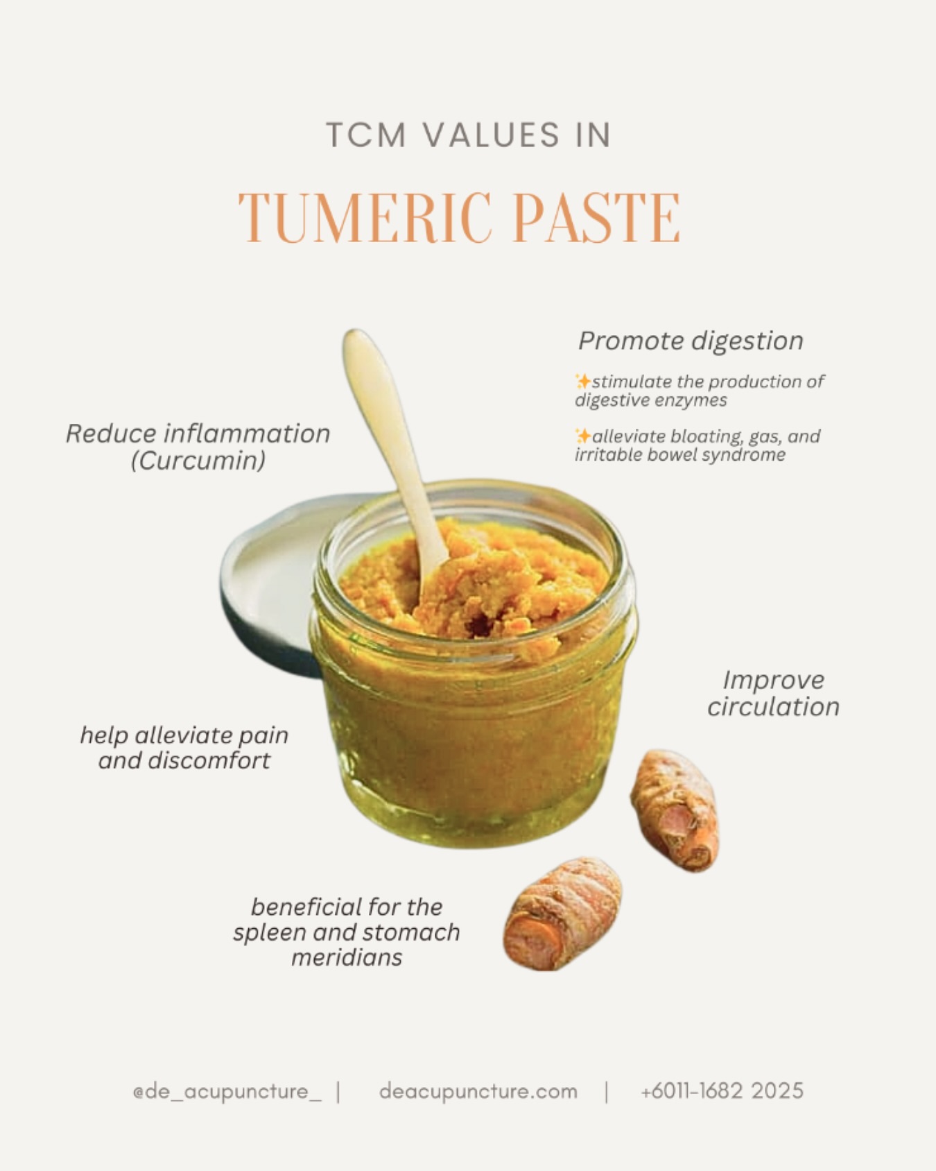 Who knew a simple yellow paste could pack such a punch?
Turmeric paste, a vibrant and versatile ingredient, is a treasure trove of health benefits.
Why is Turmeric Paste so Awesome?
💛Inflammation Fighter:
It helps reduce inflammation, making it great for sore muscles and joints.
💛Brain Booster:
Sharpens your mind and improves memory.
💛Skin Savior:
It can help soothe skin irritations and promote glowing skin.
💛Digestive Hero:
Aids digestion and relieves bloating.
How to Use Turmeric Paste:
🔸Golden Milk:
Mix it with warm milk for a soothing drink.
🔸Spice Up Your Meals:
Add it to curries, soups, and stir-fries.
So, the next time you’re feeling under the weather or just want to boost your health, reach for turmeric paste. It’s a simple way to add a touch of golden goodness to your life.
_
#traditionalchinesemedicine #中医 #tcm #wellness #health #mindfulness #selfcare #malaysia #KL #PJ #de_acupuncture_ #医心医意中医坊
#DeAcupuncturexHerbsCentre
//
👩🏻⚕️医心医意中医坊
De Acupuncture x Herbs Centre
🇲🇾Certified TCM Practitioners
📣Appointment only, no walk-ins
📍Subang Jaya USJ 1 诊所
🈺Tue-Sat 9am-6pm
☎️WhatsApp 011-1682-2025
🌐deacupuncture.com
