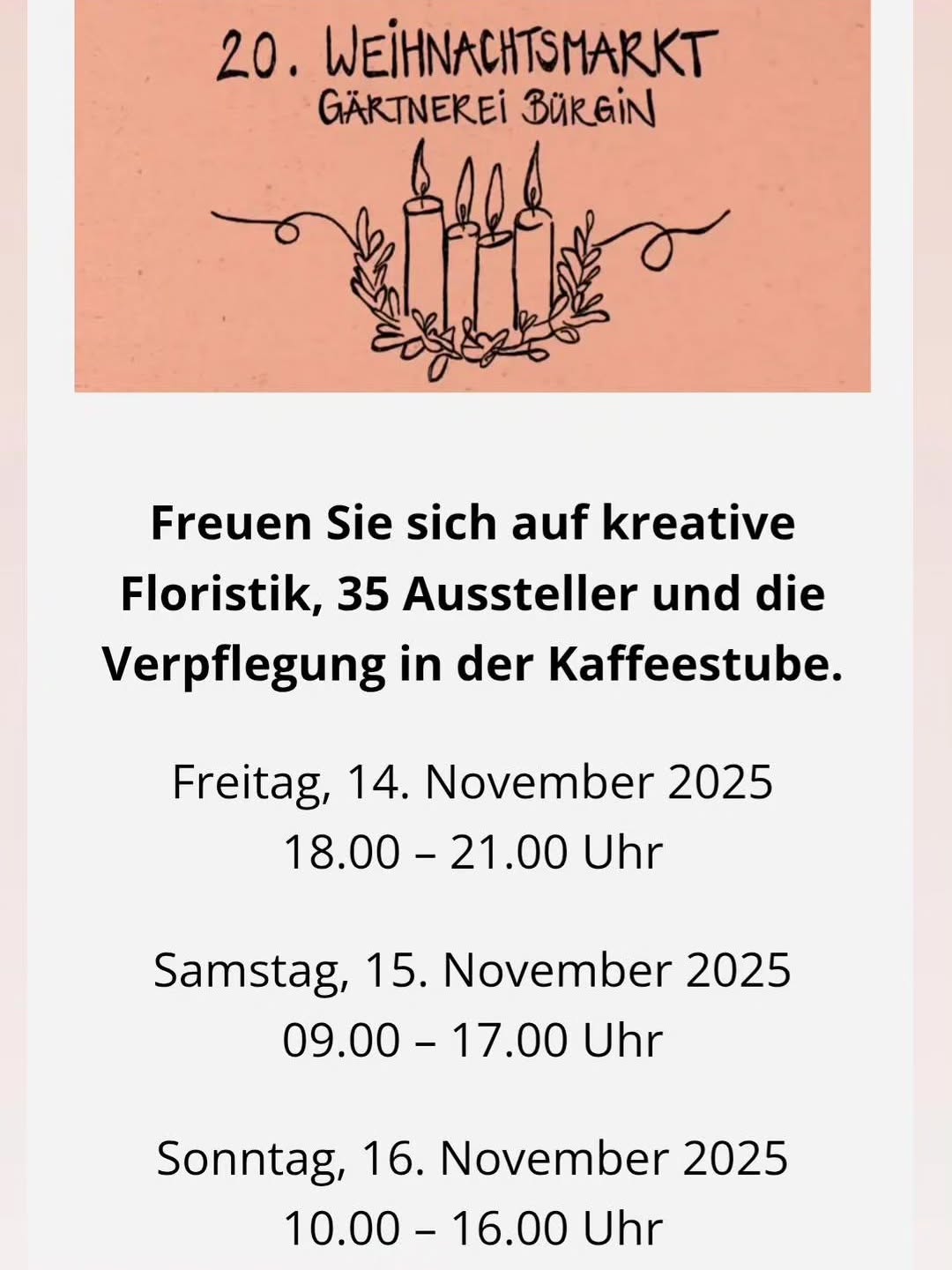 Seit 20 Jahrwn findet der 3-Tägige Weihnachtsmarkt in der Gärtnerei schon statt. 🎄✨️ Dieses Jahr wird es mein 18. Jahr sein, an dem ich dort teilnehmen werden. Ich freue mich jetzt schon drauf!
@gaertnereibuergin
