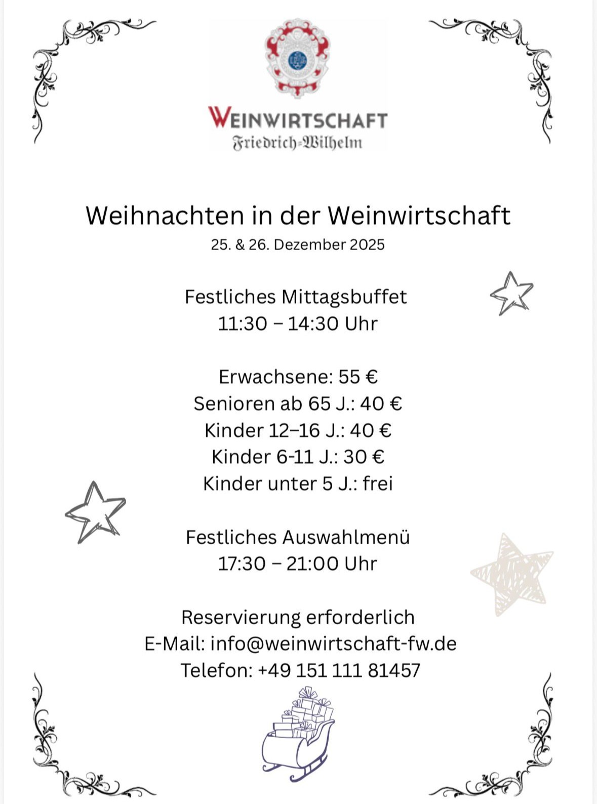 ✨ Weihnachten in der Weinwirtschaft Friedrich-Wilhelm ✨
Verbringen Sie die Feiertage in festlicher Atmosphäre und genießen Sie erlesene Speisen, ausgesuchte Weine und herzliche Gastfreundschaft in unserem Hause.
🎄 25. & 26. Dezember 2025 🎄
🍽️ Festliches Mittagsbuffet
🕰️ 11:30 – 14:30 Uhr
💶 Erwachsene: 55 €
💶 Senioren ab 65 J.: 40 €
💶 Kinder 12–16 J.: 40 €
💶 Kinder 6–11 J.: 30 €
👶 Kinder unter 5 J.: frei
🥂 Festliches Auswahlmenü am Abend
🕰️ 17:30 – 21:00 Uhr
Freuen Sie sich auf klassische und moderne Weihnachtsgerichte, zubereitet mit Liebe zum Detail und begleitet von erlesenen Weinen aus unserer umfangreichen Karte.
Erleben Sie zwei genussvolle Festtage in stilvollem Rahmen.
📌 Reservierung erforderlich
📧 info@weinwirtschaft-fw.de
📞 +49 151 111 81457
Wir freuen uns auf Ihre Reservierung und wünschen Ihnen schon jetzt eine besinnliche Adventszeit.
#WeinwirtschaftFriedrichWilhelm #WeinwirtschaftFW #WeihnachtenInTrier #TrierGenießen #FesttageInTrier #Weihnachtsbuffet #Weihnachtsmenü #Weinrestaurant #MoselWein #Weinliebe #FeinschmeckerTrier #GourmetTrier #Genussmomente #Festtage2025 #TriererAltstadt #WeinundGenuss #friedrichwilhelmtrier
