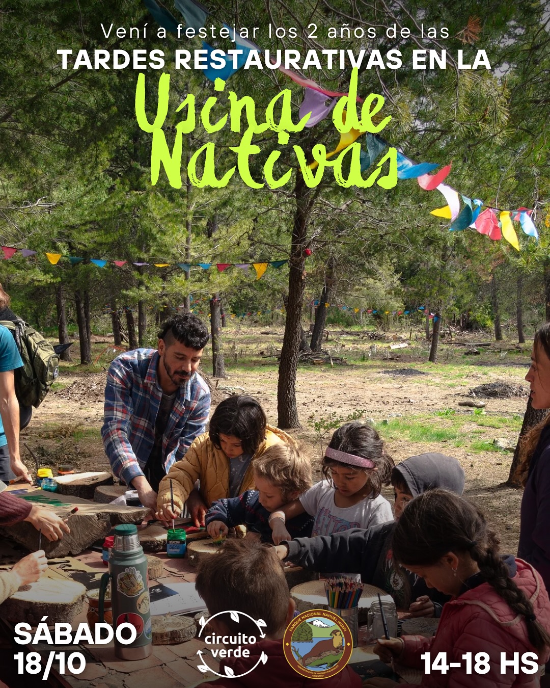 ¡¡Celebramos 2 años en la Usina de Nativas!!🌸🥳
Este sábado 18/10 de 14 a 18h nos encontramos en La Usina de Nativas, el vivero del Parque Nacional Nahuel Huapi. Esta vez por una ocasión especial, se cumplen 2 años de nuestras jornadas comunitarias de restauración. 🎉
Si fuiste parte de los encuentros, nos gustaría compartir este momento con vos. Si te sumas por primera vez, te esperamos para aprender juntos mientras trabajamos en las tareas del vivero. 🌱
La jornada de voluntariado está abierta a toda la comunidad y sin inscripción previa. Vamos a estar realizando actividades y juegos para toda la familia! 💚
Todas las actividades son al aire libre, traer abrigo, mate y lo que quieras para compartir 🧉🍪
Trae tu taza o vaso para el chocolate caliente ☕
Horario flexible: podés venir el tiempo que quieras.
👧 Infancias siempre en compañia de adultos responsables.
📍 Usina de Nativas del PNNH – Escuela Militar de Montaña, ver mapa.
📱 Consultas: Nati +54 9 223 635-7526 o por mensaje directo en @circuito_verde
💚 Te esperamos para seguir restaurando en comunidad.