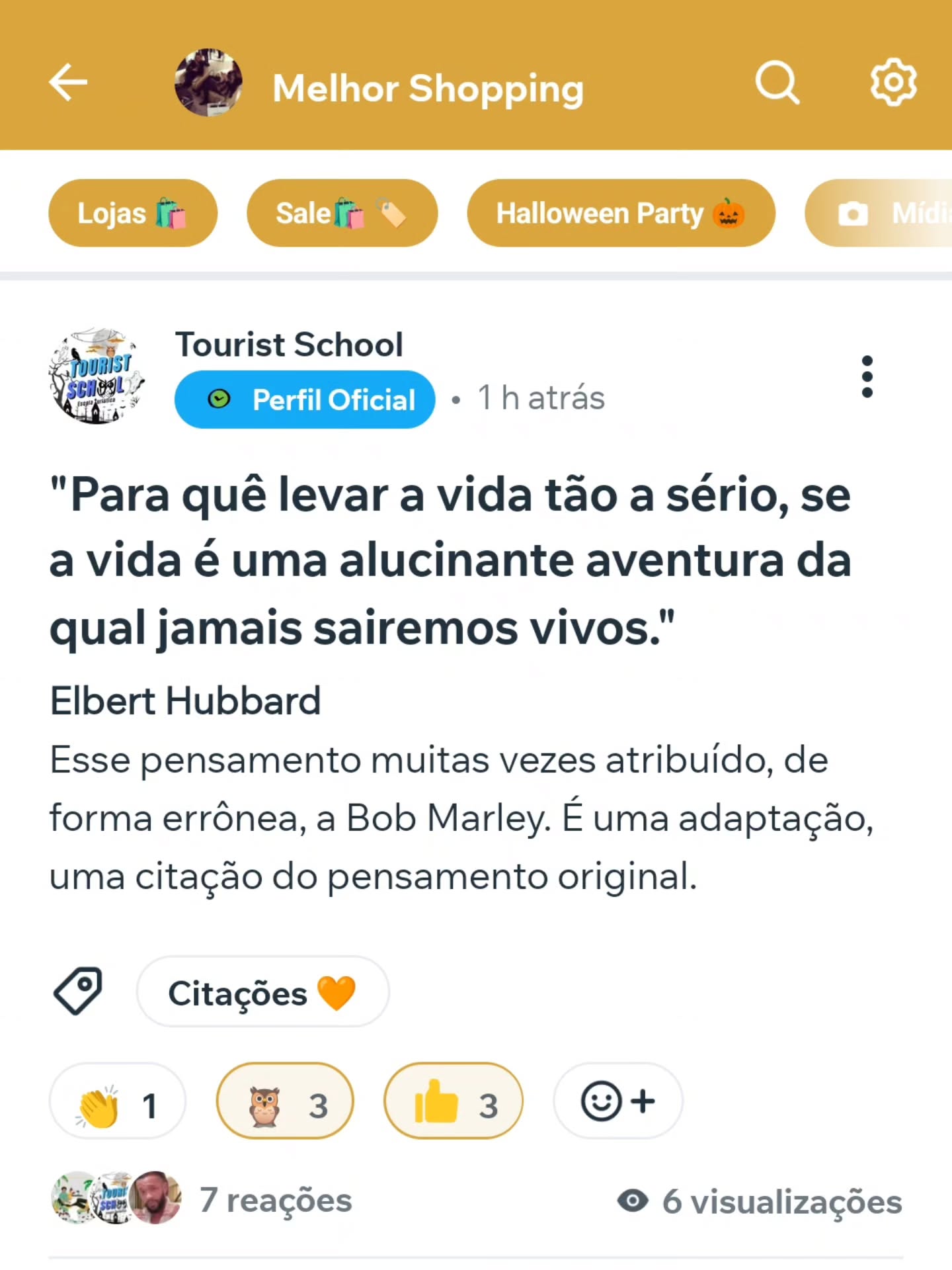 Verdade! Não é mesmo?
Então Entrem no Melhor Shopping (Comunidade VIP do @melhorshopping e Participem da Melhor Confraternização online - nossa Halloween Party 🎃
Desafios, Brincadeiras, Filmes Gratuitos, e Prêmios Incríveis do Shopping Place 🛍️
Acesse em nossa Recepção - link em nossa Bio ✅
#halloween #halloween🎃 #elberthubbard #bobmarley #mensagemdodia #halloweenparty #halloweenparty🎃