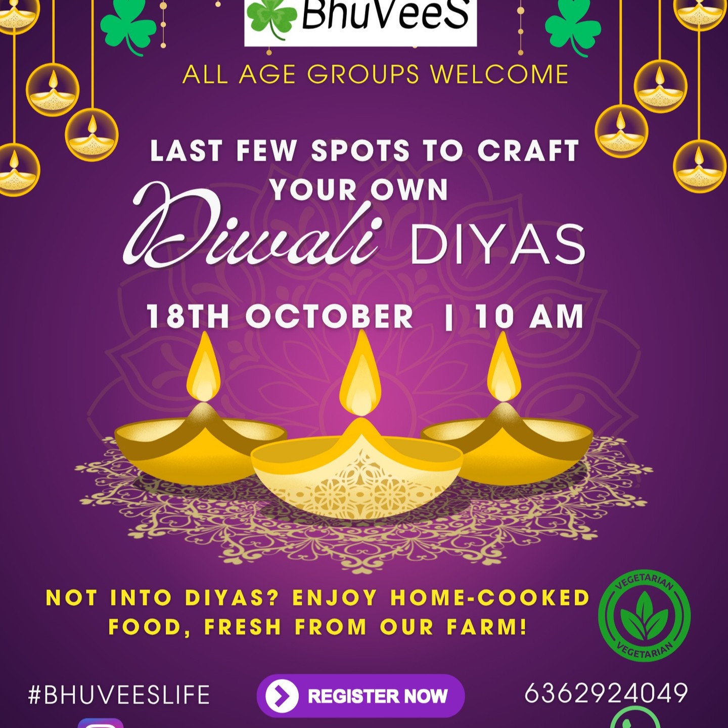 Bhuvees welcomes you to a fun-filled day at our farm! 🌾
🪔 Craft your own diyas, 🎤 sing a few karaoke tunes, or 🍲 indulge in delicious home-cooked food fresh from the farm.
There’s something for everyone — all ages welcome!
#Bhuvees #DiwaliAtTheFarm #ClayAndCalm #FarmLife #HandmadeJoy
@veenasomashekar