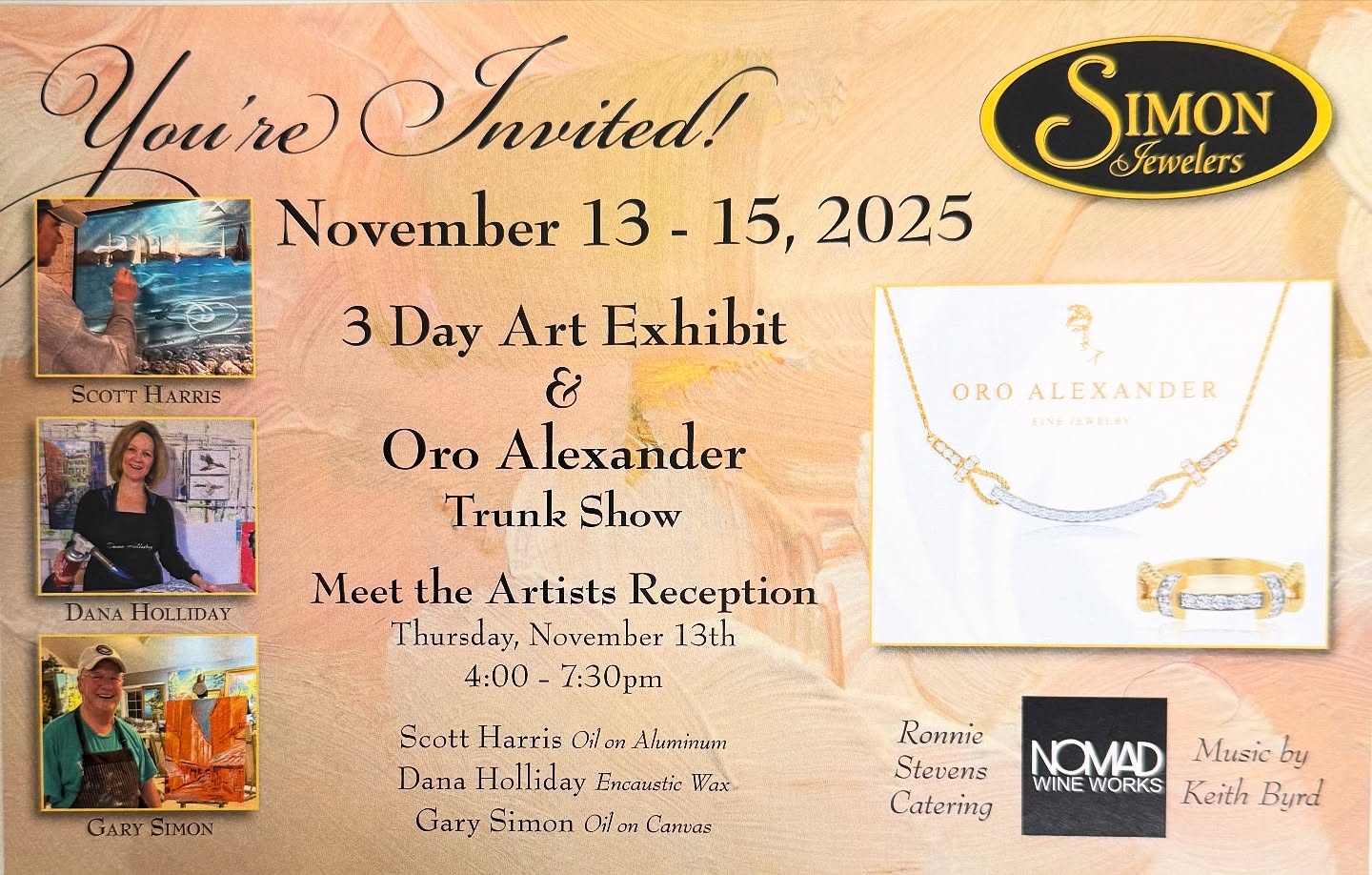 You’re Invited to a 3 Day Art Exhibit & Oro Alexander Jewelry Trunk Show.
Join us Thursday, Nov.13th from 10:00am - 7:30pm, through Saturday, Nov. 15th, from 10:00am - 5:00pm.
Scott Harris (oil on aluminum) @aluminumartist
Dana Holliday (encaustic wax)
@dana.holliday.artist
Gary Simon (oil on canvas)
@garysimonci
Will all have their art displayed throughout our store. 🖼️
We will also have a Trunk Show of jewelry by Oro Alexander. 💎
This is an event you won’t want to miss, so mark your calendars 🗓️ and we will see you all then!!
@oroalexanderjewelry @downtownhighpointnc @visithighpoint #shoplocal #supportlocal #trunkshow #artexhibit @studio136gallery #garysimonci