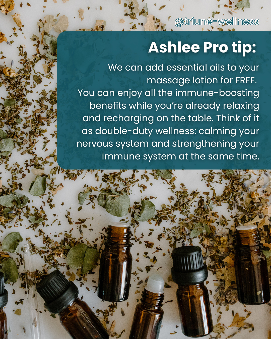 Ashlee tailors every session to your body—and you can personalize it even more. Choose from 4 essential oils, and we’ll blend your pick directly into the massage lotion so benefits absorb evenly throughout your treatment. Calm your nervous system, ease sore muscles, breathe easier, or support immune health—your call.