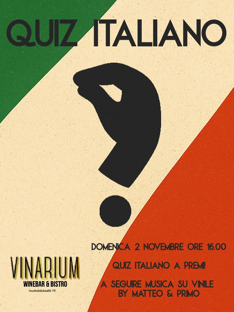 ISCRIVI LA TUA SQUADRA!
Vieni a mettere alla prova il tuo livello di nostalgia con il primo (e senza dubbio miglior) Quiz Italiano in Svezia! 🇮🇹✨
Questo è solo l’inizio di una serie di eventi dedicati alla Nostalgia Italiana, un’ottima occasione per riunire la comunità italiana di Göteborg… e ovviamente per fare festa 🥳
Il quiz si svolgerà in due fasi:
1. Classica — una squadra per tavolo
2. Testa a testa finale — stile TV show con buzzer 🚨📺
🎶 A seguire, musica su vinile by Matteo & Primo 🍷
🚫 Vietato ai non-nostalgici
📍 Vinarium, Munkebäck
#QuizItaliano #Göteborg #NostalgiaItaliana #Vinarium #BuzzerQuiz #CommunityItaliana #Serata90s #EventiGöteborg
Kom och testa din nostalginivå på den första (och utan tvekan bästa) Italienska Quizkvällen i Sverige! 🇮🇹✨
Detta är starten på en serie event med temat Italiensk Nostalgi — ett perfekt tillfälle att samla Göteborgs italienska community… och såklart festa 🥳
Quizet har två rundor:
1. Klassisk — ett lag per bord
2. Finalduell — TV-show-stil med buzzer 🚨📺
🎶 Efteråt: vinylmusik med Matteo & Primo 🍷
🚫 Endast för nostalgiker
📍 Vinarium, Munkebäck
#ItalienskQuiz #Göteborg #Vinarium #BuzzerQuiz #Nostalgi #EventGöteborg #CommunityItaliensk #90talsfest