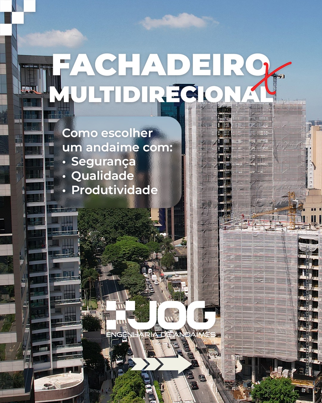 Fachadeiro × Multidirecional: cada sistema tem seu melhor cenário.
Em fachadas planas e extensas, o fachadeiro.
Em geometrias complexas ou com maior carga/flexibilidade, o multidirecional é a melhor escolha.
A decisão depende de cada projeto.
Salve este guia e envie seu projeto para indicarmos a solução ideal, com a segurança, agilidade e qualidade que a JOG entrega em todos os seus projetos.
#JOGAndaimes #TimeJOG #Andaimes #Fachadeiro #Multidirecional #MontagemDeAndaimes #SegurançaDoTrabalho #NR18 #PlanejamentoDeObra #ProdutividadeNaObra #ConstruçãoCivil #Engenharia