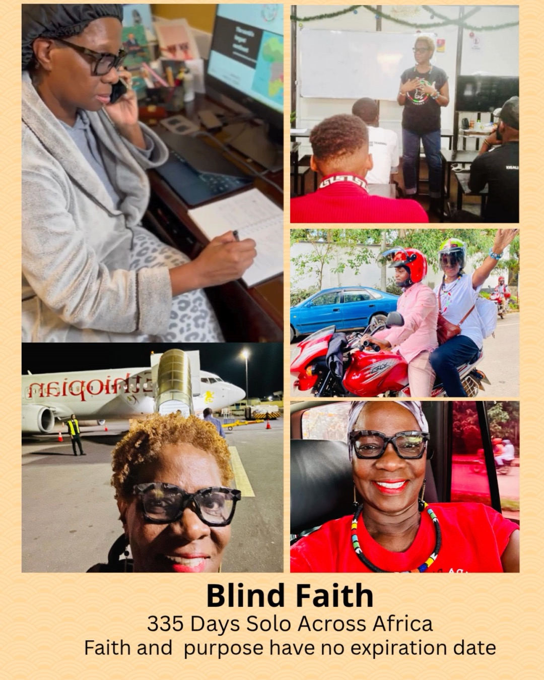 In 2023, at 67, I did something most people wouldn't dare to do.
I retired from a job I loved and booked a solo trip to Africa.
For 335 days, I traveled across 12 countries, volunteered in villages, taught tech skills, and discovered what blind faith really means.
Faith that feeds you when you’re lost in translation.
Faith that shows up when your ride never does.
Faith that whispers, “You can do this,” even when the only voice you hear is your own.
I’m Venida Hudley, a retired technology executive, turned adventurer, volunteer, and first-time author.
My memoir, Blind Faith | 335 Days Solo Across Africa, is currently being shopped to traditional publishers, and I can’t wait to share this journey of
reinvention, purposeful living later in life, and social impact with you.
💛 Follow my journey. It’s proof that faith and purpose have no expiration date.
#BlindFaithBook #AuthorJourney#VenidaDiscoversAfrica365 #CourageHasNoAge #SoloAndStrong #FaithOverFear