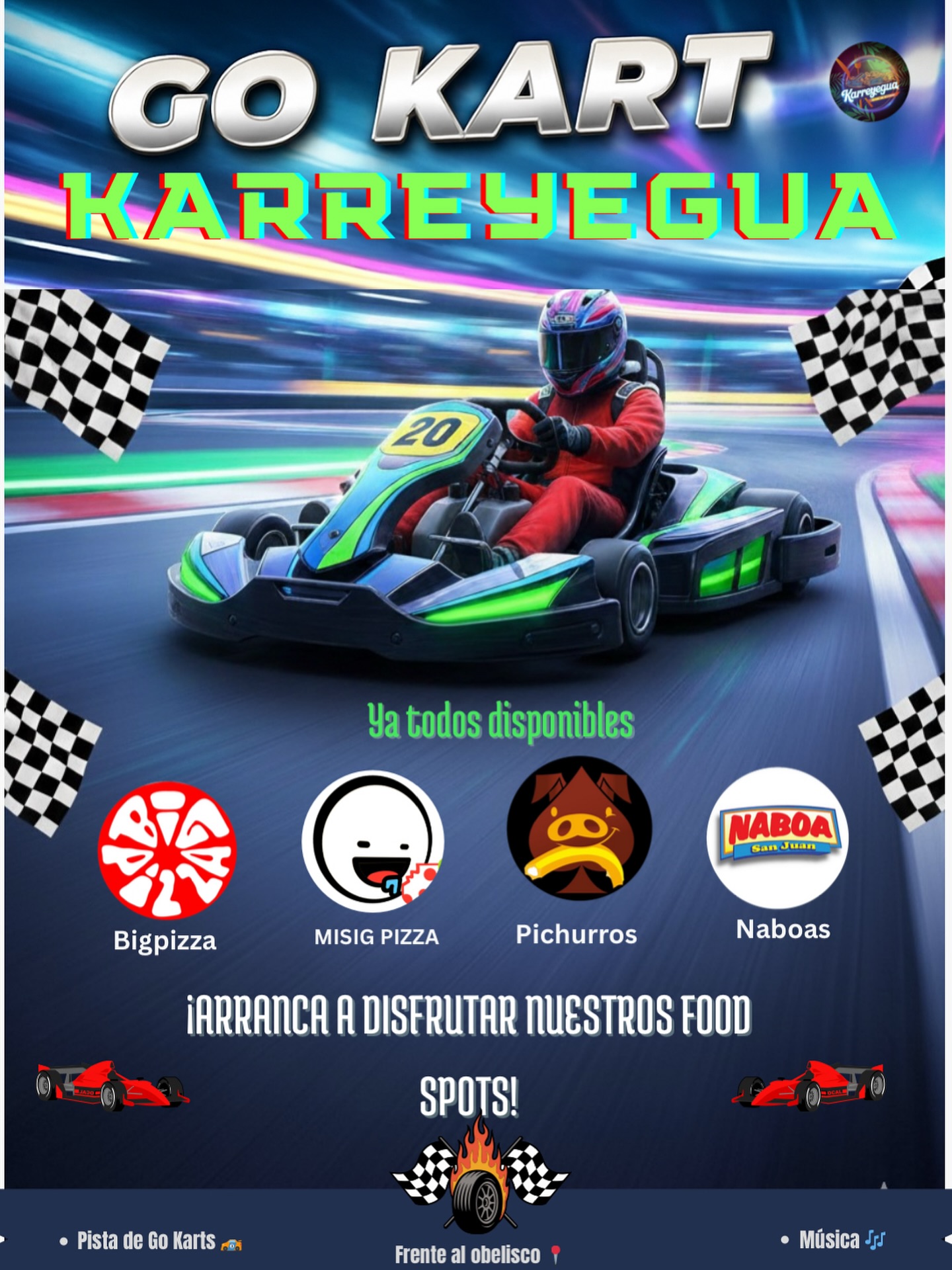 Energía y emoción
🏁 ¡La pista ya está encendida en Karreyegua!
Ven a vivir la adrenalina de nuestros Go Karts y disfruta de los mejores food spots de San Juan 🍕🔥
🚦 @big.p.i.z.z.a | @misigpizza | @pichurros.rd | @naboa.sanjuan
📍 Frente al Obelisco
🎶 Música, comida y pura diversión.
#Karreyegua #GoKarts #SanJuanDeLaMaguana #FoodPark #diversiontotal