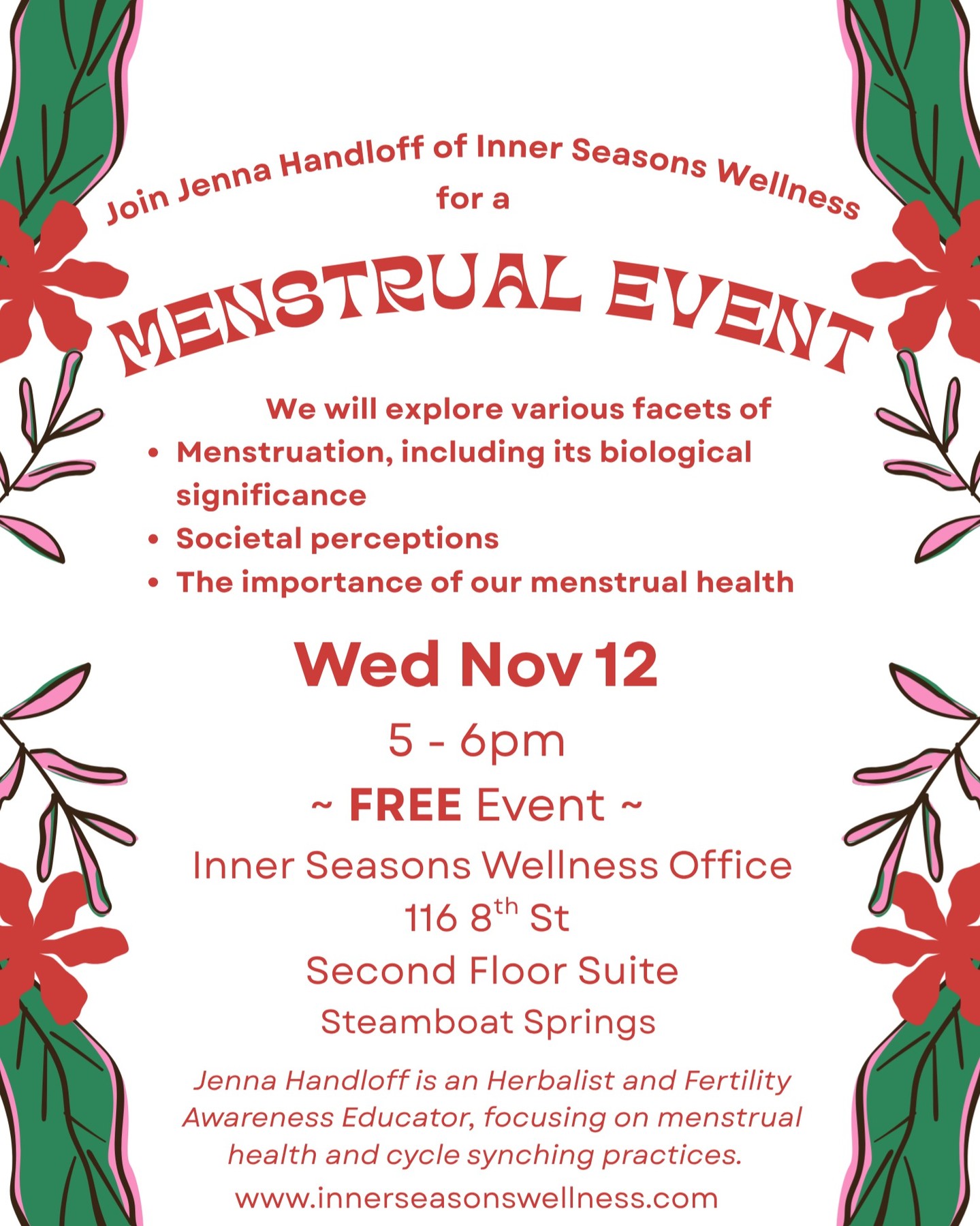 I am thrilled to share an hour of #menstrual knowledge with you on Wednesday, November 12th, from 5-6pm. This is a FREE Event and will be held at my office on 8th St in Steamboat Springs.
.
This will be a sweet glimpse into the work I am bringing to #steamboat and beyond!
.
Please feel free to reach out with any questions. This event is meant to serve womb bearers in their menstruating years and caregivers of menstruators.
.
#herbalism #cyclesyncing #womenshealth