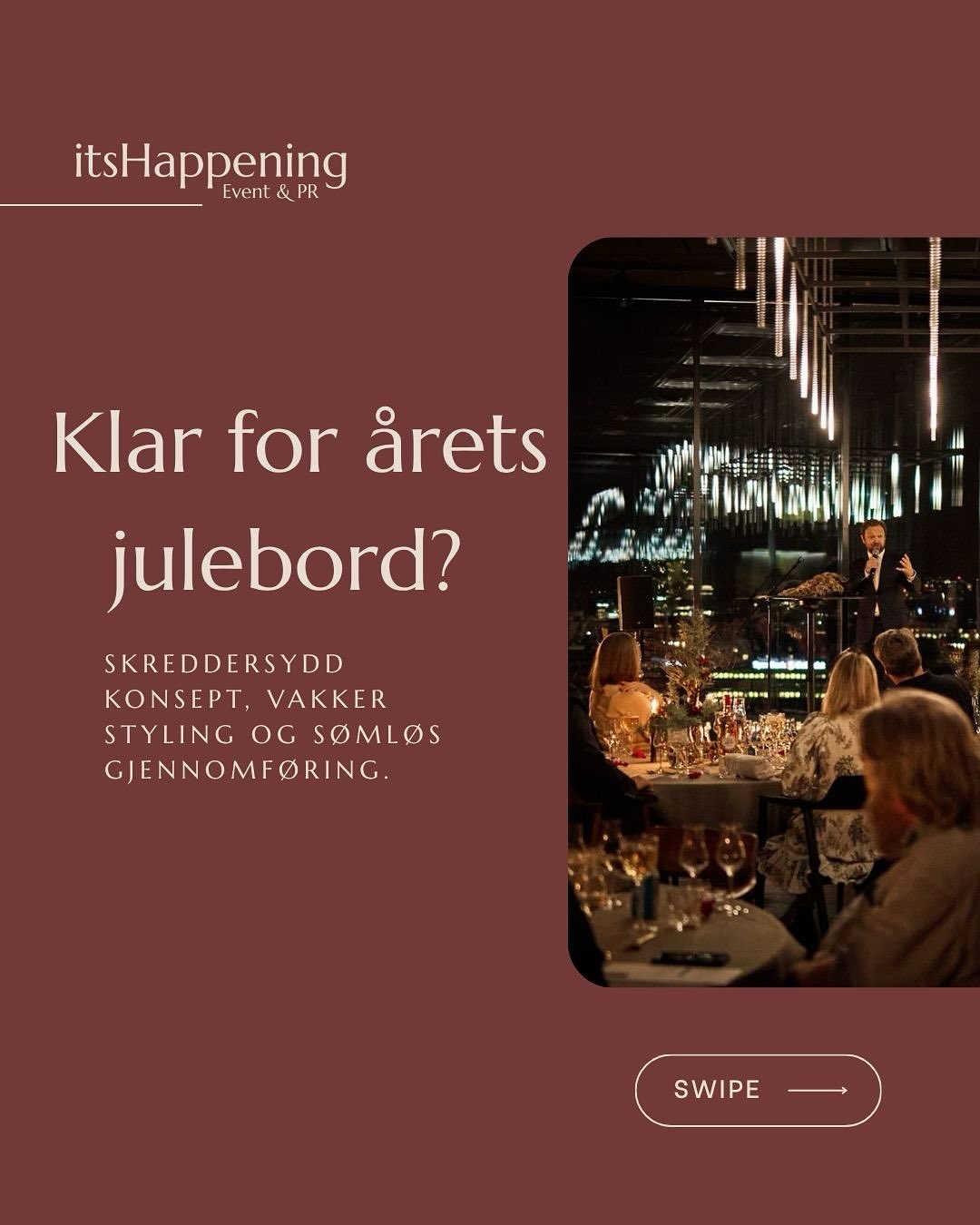 Julen nærmer seg, og det er tid for å samle kollegaene✨Vi hjelper deg med å skape et julebord som både ser bra ut, føles gjennomført og samler folk. Fra konsept og dekor til underholdning og teknikk. Vi tar hånd om detaljene, slik at du kan nyte kvelden! Send oss en melding, eller en e-post på hallo@itshappening.no 💌