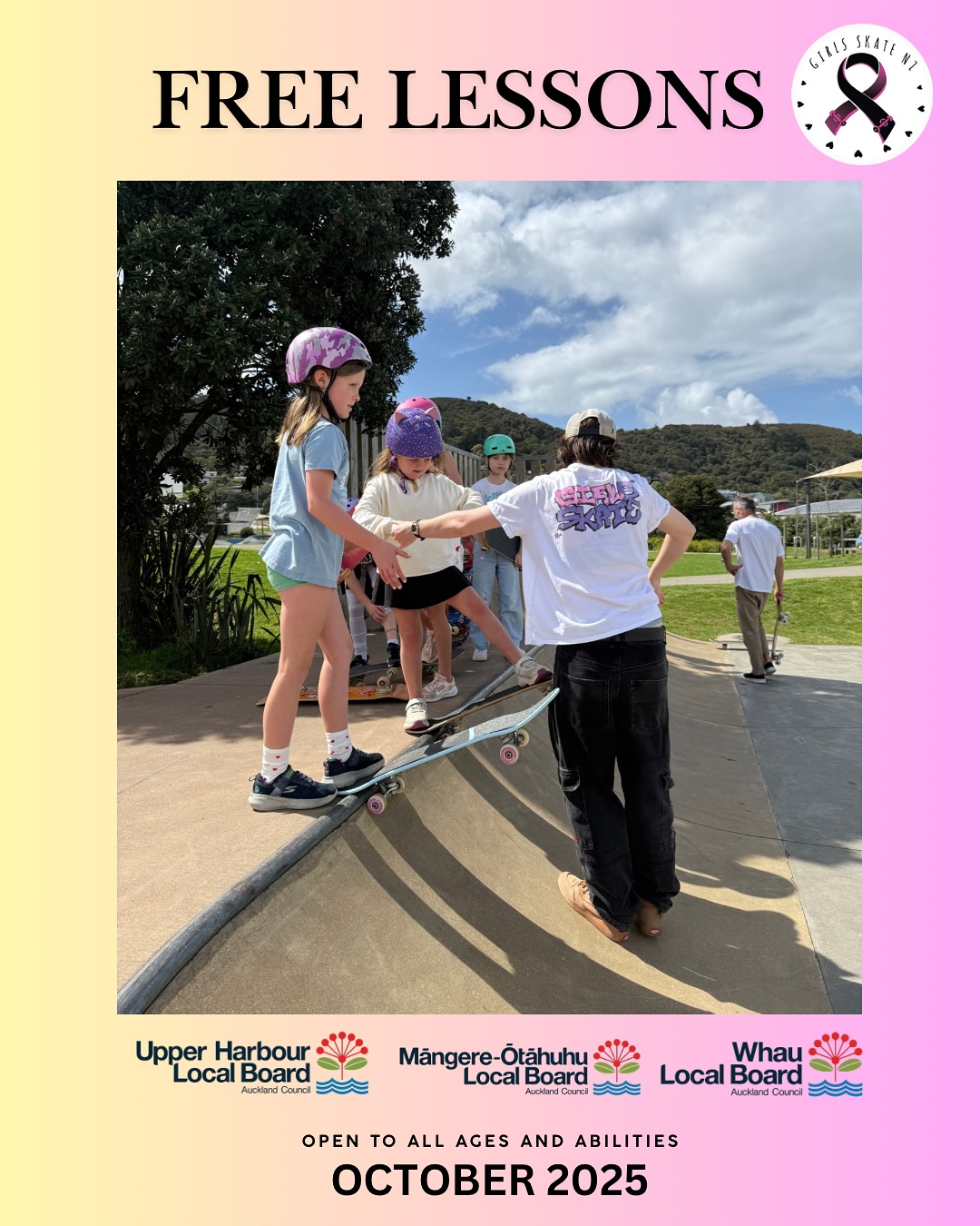 We have 6 free lessons this month thanks to Out and About Auckland and various local boards 💖🥰 links to book are on our website girlsskatenz.com/classes 💖
