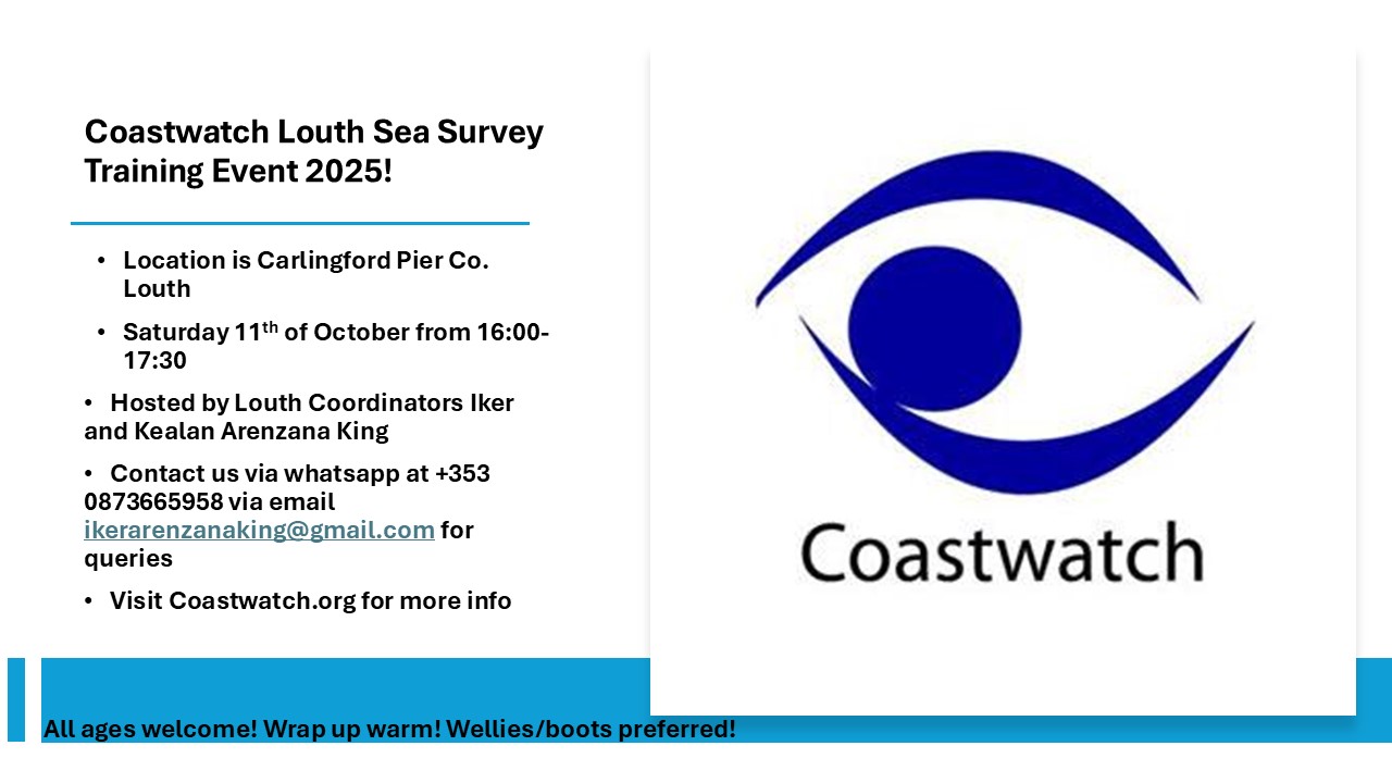 Survey training event at Carlingford Pier, Louth this Saturday, hosted by Coastwatch regional coordinators Iker Arenzana King & Kealan Arenzana King. All are welcome! See you there!
Great opportunity to learn more about your shore & contribute to important citizen science data!