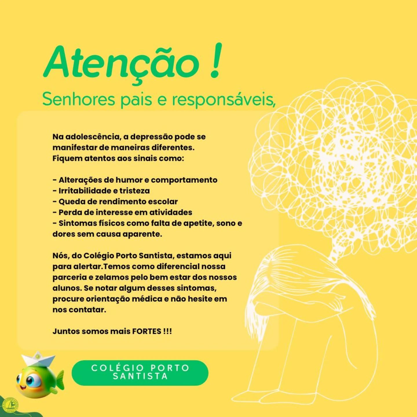 A saúde mental é tão importante quanto a física.
Se precisar de ajuda ou orientação, não hesite em procurar apoio.
Juntos somos mais FORTES!