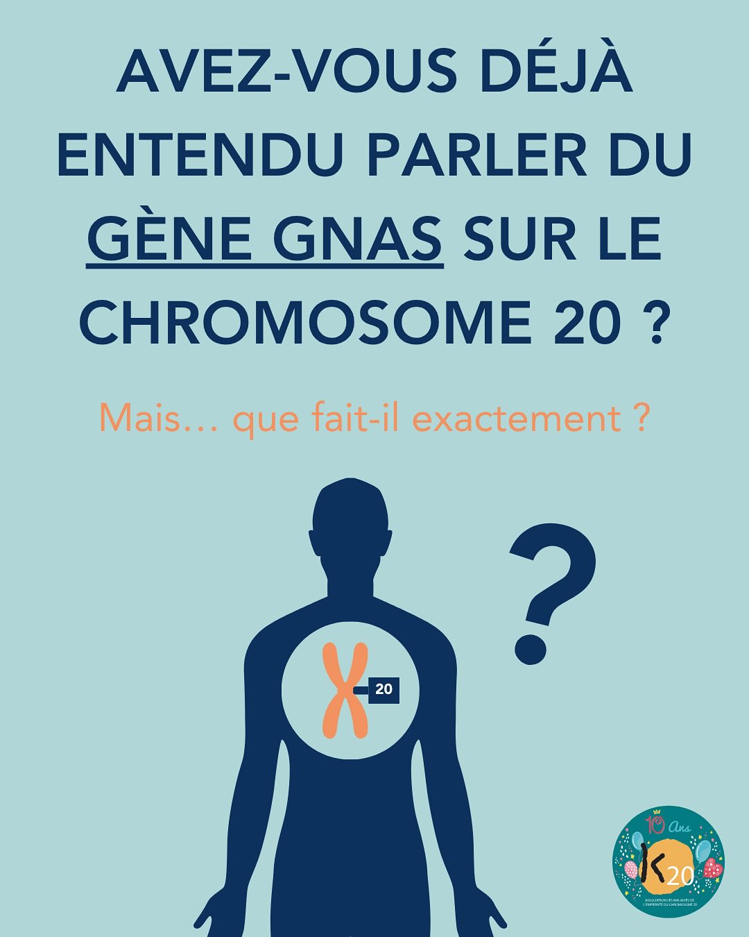 🧬 Avez-vous déjà entendu parler du gène GNAS sur le chromosome 20 ?
Il joue un rôle crucial dans la croissance, le métabolisme du calcium et le développement osseux. Mais quand son empreinte est perturbée, cela peut entraîner de lourdes conséquences :
👉 retards de croissance
👉calcifications sous la peau
👉 troubles hormonaux
👉 anomalies osseuses...
📣 Ces maladies sont rares, complexes, et souvent invisibles.
Avec K20, on avance ensemble : informer, soutenir, chercher des solutions.
💛 Aidez-nous à les faire connaître !
📲 Partagez ce carrousel
🧡 Rejoignez notre communauté
#Chromosome20 #AssociationK20 #MaladiesRares #IPPSD #SantéRare #Solidarité #RechercheMédicale #vivreavecunemaladierares