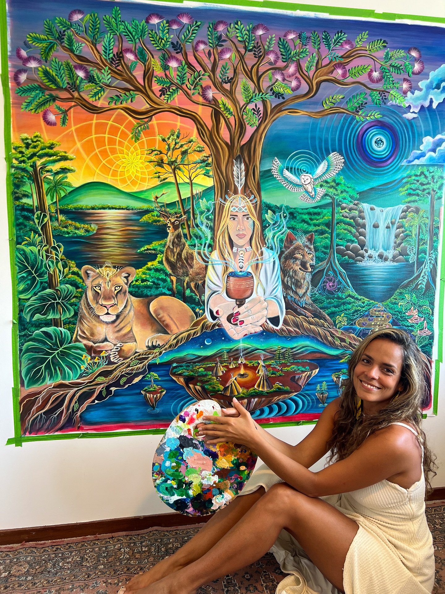 When the forest speaks, it doesn’t use words — it communicates through symbols, animals, and energy. 🌕✨
That’s the intention behind The Forest Wisdom.
When @nanda.da.rosa.sacred.expansion Nanda asked me for this painting, I knew it would be something special — a portal to materialize her essence and energy through art.
The journey of self-discovery guided by the wisdom of the forest is, in truth, an inner dive. Between light and shadow, day and night, we find and heal ourselves.
Each animal in the painting carries its own medicine:
🦁 The lioness awakens feminine strength, protection, and leadership.
🦌 The deer brings direction and courage.
🐺 The wolf teaches bravery and wisdom.
🦉 The owl reveals the invisible and the mysteries beyond ordinary reality.
🐍 The serpent holds the power of transformation and rebirth.
🐦 And the hummingbird, with its lightness, reminds us to celebrate the present moment and taste the sweet nectar of life.
Each being is a guide — a reflection of something within us longing to be remembered.
This painting is a mirror of the soul — an invitation to see the world through new eyes, through the lens of beauty and awareness.
I feel grateful to be a channel for this creation and to translate, with colors and brushes, a glimpse of the forest’s wisdom. 🌿💫
Because true beauty — the kind that transforms — lives within us.
Com amor,
Kai 🌻