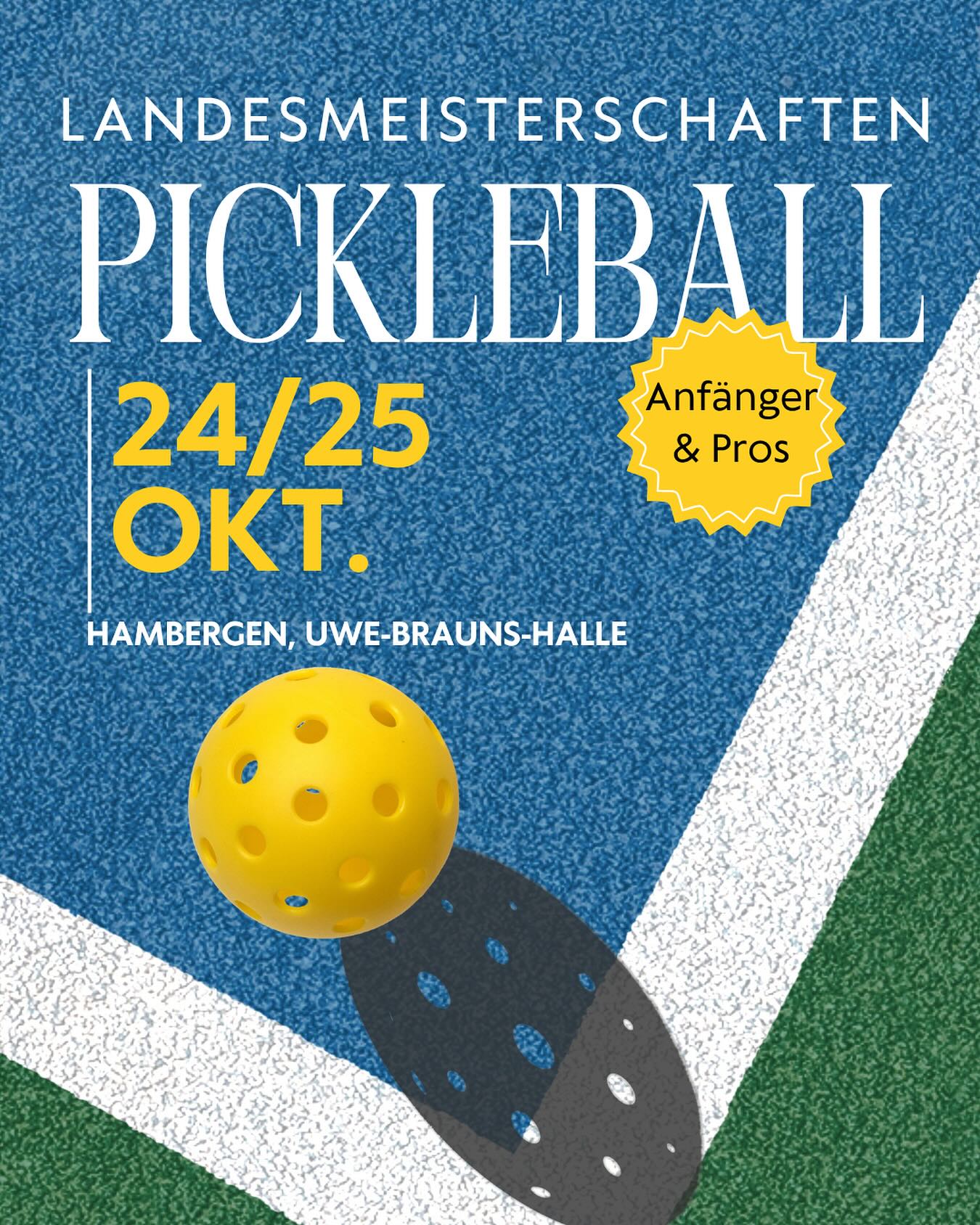 Es ist soweit! Die diesjährigen Niedersächsischen Landesmeisterschaften im Pickleball werden bei uns im schönen Hambergen ausgetragen! Meldeschluss ist der 23.10. um 20 Uhr - also noch schnell anmelden und dabei sein! Wir freuen uns auf ein sportliches Wochenende! Meldet euch an über den Link in unserer Story oder beim tnb direkt auf der Website! #pickleball #tnb #landesmeisterschaft2025 #hambergen