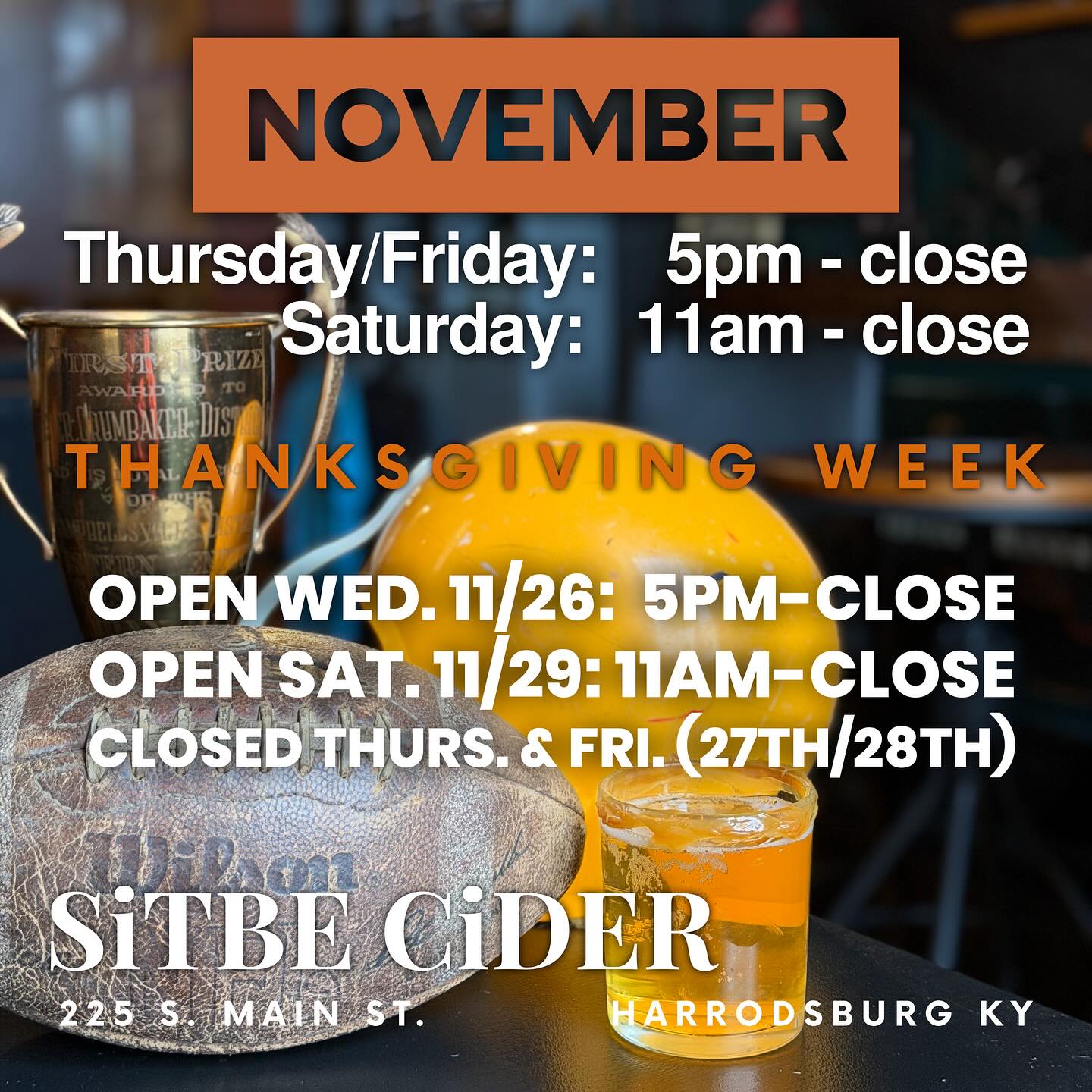 Mixing it up for November a bit! We will open at 11am on Saturdays and on Thanksgiving Eve at 5pm. Closed for family time on Thanksgiving Thurs. & Fri. Hope to see you!!!