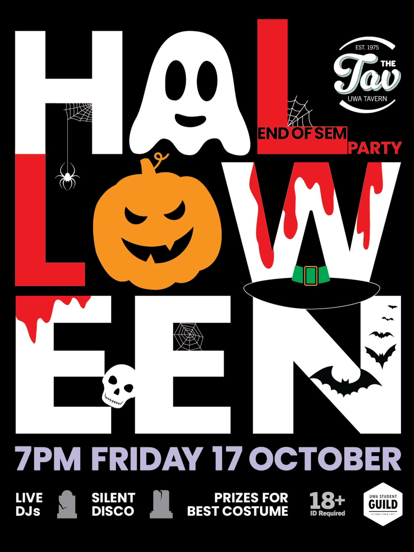 HALLOWEEN is tomorrow! ๐
ย
Spooky season meets END OF SEMESTER PARTY ๐ โ itโs time to unleash your inner monster, summon your spirits, and prepare for a night full of tricks and treats at The Tavโs Halloween Party!
ย
๐ 7PM | Friday 17 October
๐ The UWA Tavern
ย
Expect:
๐ Live DJs that wonโt rest in peace
๐ธ๏ธ Silent disco to raise the dead
๐ง Prizes for the best costume that slays
๐๏ธ Free entry for UWA Guild Members
๐๏ธ Or $5 ticket for Guild Members which includes a free drink on entry - choice of Tav Lager pint, house wine, or soft drink
๐๏ธ $10 for Non-Members
Get your tickets from the link in our bio!
ย
Step insideโฆ if you dare. The Tav becomes a haunted haven for one chilling night of freaky fun, killer tunes, and one last hurrah before exams creep in. ๐ธ๏ธ
ย
๐ 18+ event | ID required
Hosted by UWA Tavern & UWA Student Guild
