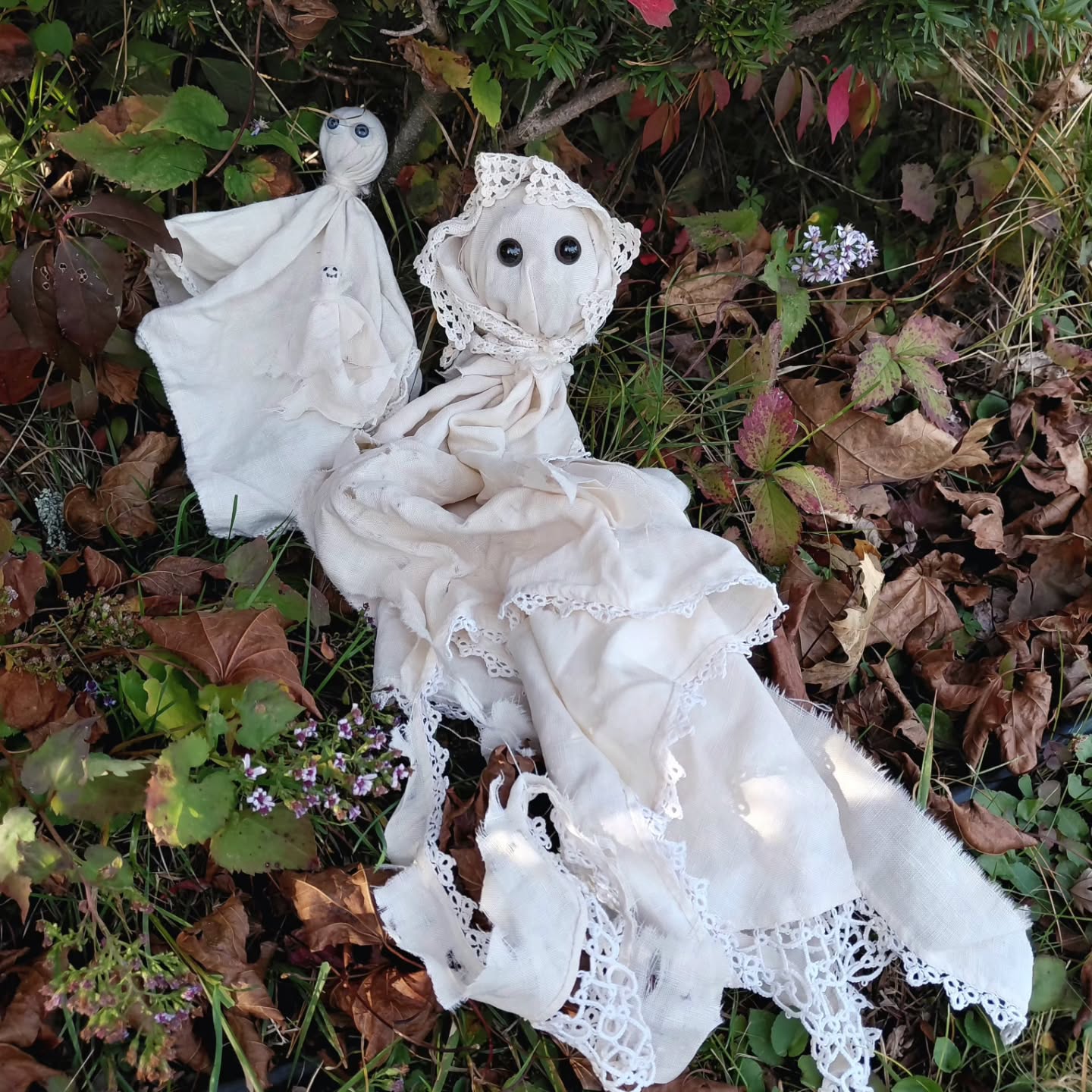 Thank you for asking about my ghost family from yesterday's story. My grandson "adopted" them, so I get to make more, which is great because they're wicked fun and easy. I came up with these antique-y Halloween ornaments last-minute for a kids' day craft activity, and wanted my own. To make yours, collect old lace, tablecloths, and linens from estate sales or thrift stores. Crumple paper (recycle bags or packing material), drape some lace, tie with yarn, shred the fabric for a spooky effect, and add eyes (doll, google, embroidery). Bonus points if you make a tiny baby ghost doll for the toddler ghost like I did. P.S. The tiny ghost doll's face is a masterpiece made with a Sharpie. #ghostdoll #antiquelace #linen #crochet #upcycledcraft #cottagecoreart #halloweenornaments #cuteghosts #kidsneedart