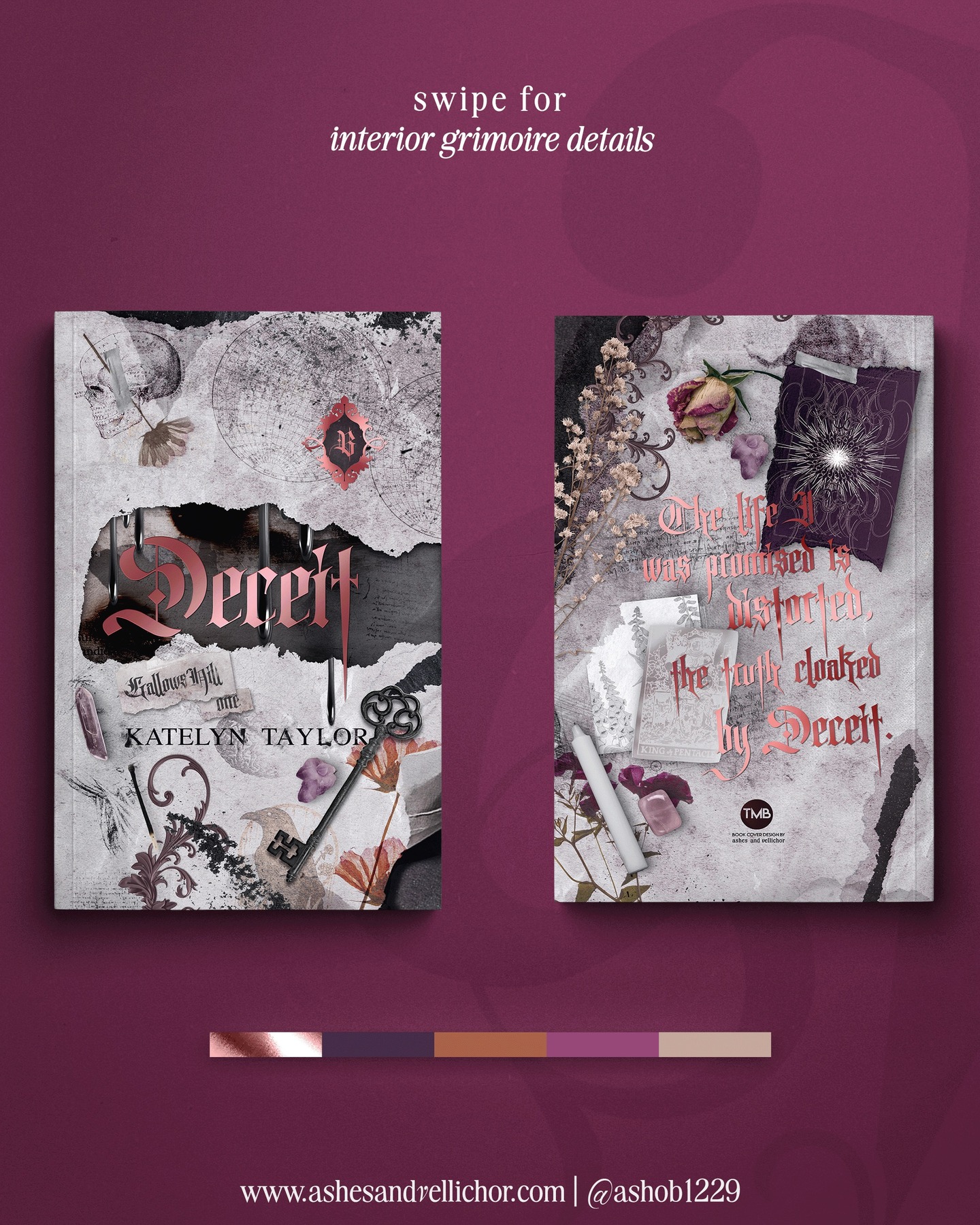 Sharing the insane detailed interior spell book style cover for this month’s @the.midnight.bookshelf featuring @katelyntaylorauthor and her Gallows Hill series! The prequel design features an exterior spell book/journal but is available as a signing exclusive for TMB. With this in mind, I didn’t want readers to feel they had mismatched sets or a design that couldn’t stand on its own. This lead to the interior pages filled with witchy vibes you see for the trilogy.
Each spine features unique antique style elements and a gradient color theme while the cover design becomes more filled as you go along to symbolize the progression of a real grimoire.
#Ashesandvellichor #ashesandvellichordesigns #bookcoverdesigns #freelancer #photoshop #graphicdesign #graphicdesigner #bookdesigner #Typography #romancebookcovers #romanceauthors #freelancegraphicdesign