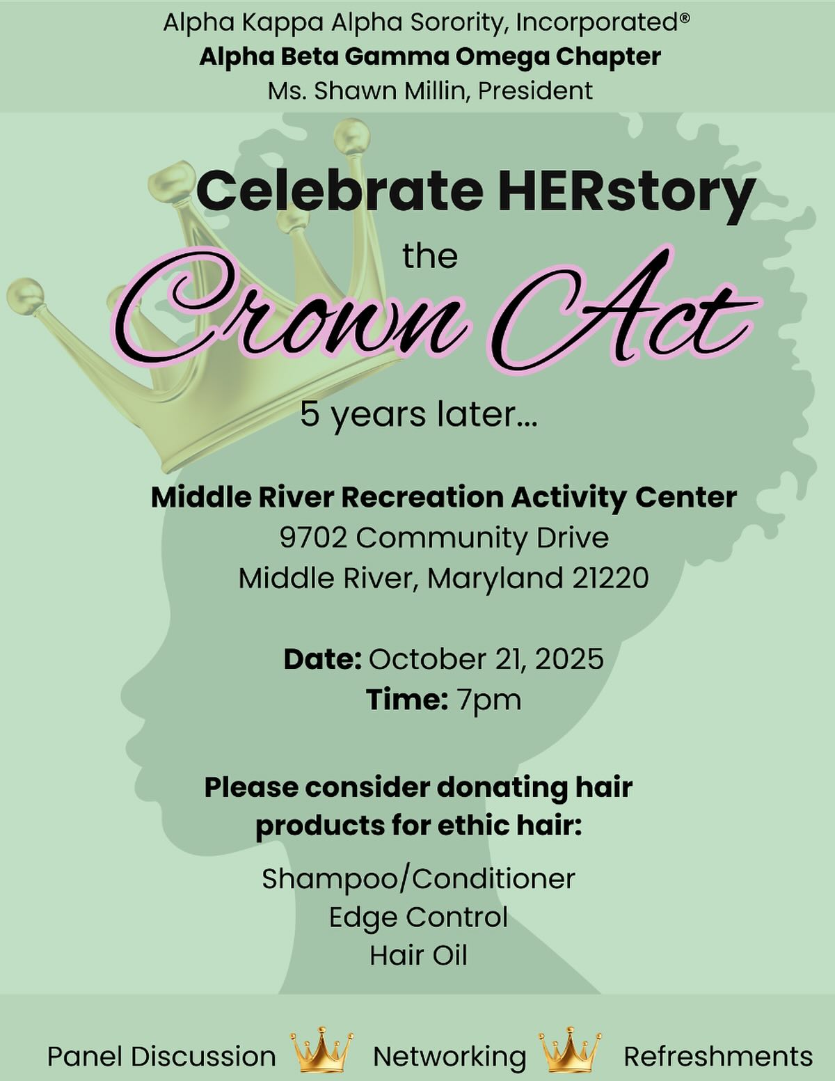 ✨ Join us for a celebration of HERstory and heritage!
We’re honoring 5 years since the passing of the CROWN Act in Maryland — a landmark law protecting the beauty and dignity of natural hair.
💖 Let’s gather in reflection, empowerment, and joy as we celebrate how far we’ve come and continue the work ahead.
👑 Together, let’s celebrate HERstory.
👑 Together, let’s honor the Crown Act.
👑 Together, let’s continue building a world where authenticity and culture are always celebrated.
📅 Tuesday, October 21, 2025 | 7:00 PM
📍 Middle River Recreation Activity Center
#CrownAct #NaturalHair #HERstory #Empowerment #AlphaKappaAlpha #BaltimoreCounty
