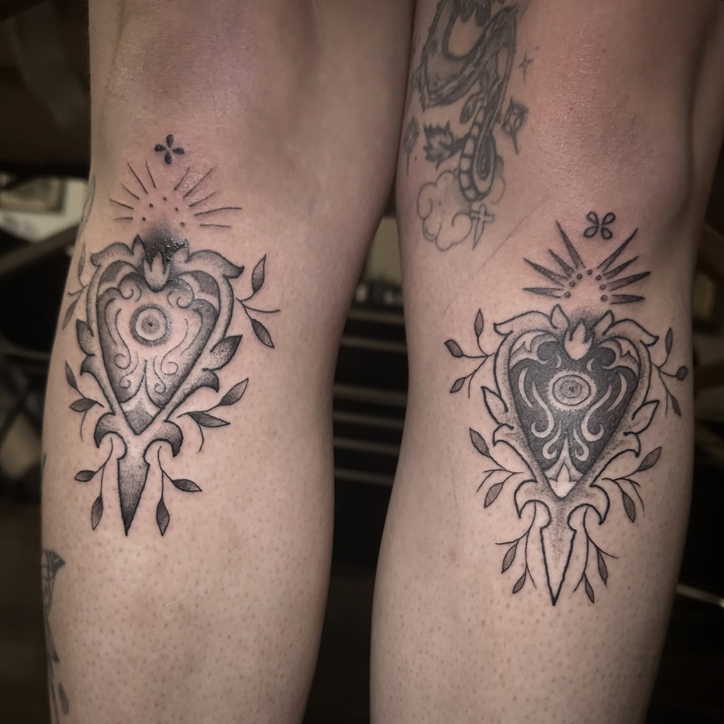 Matching shin pieces based off my fine line flash from a bit ago. Sacred hearts/evil eye protection for my homie. Thank you endlessly Matty, you’re always a joy and inspiration 💟
Made with love and black ink at @electricavetattoo.atx🖤 submit a form through the link in my bio to book your new tattoo! Flash always available in my stories, and I still have some spots for customs 🥀
.
PS- HALLOWEEN FLASH DAY 10/31 12-7pm $100-200 BUCKLE UP BABES ⚡️
.
#atx#atxtattoo#blackandgreytattoo#finelinetattoo#electricavetattoo#tattooflash#spookytattoos#sleaterkinney